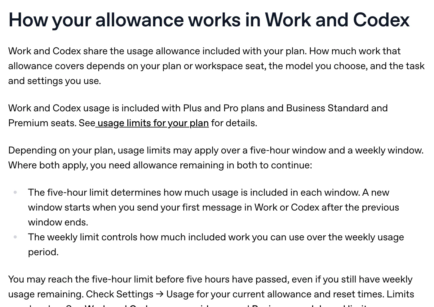 OpenAI help center section titled How your allowance works in Work and Codex, stating that Work and Codex share the usage allowance included with your plan, that limits may apply over a five-hour window and a weekly window, and that where both apply you need allowance remaining in both to continue