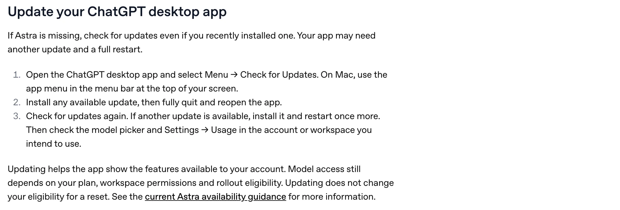 OpenAI help center section titled Update your ChatGPT desktop app, instructing users to check for updates even if they recently installed one, install any update then fully quit and reopen, and check for updates again