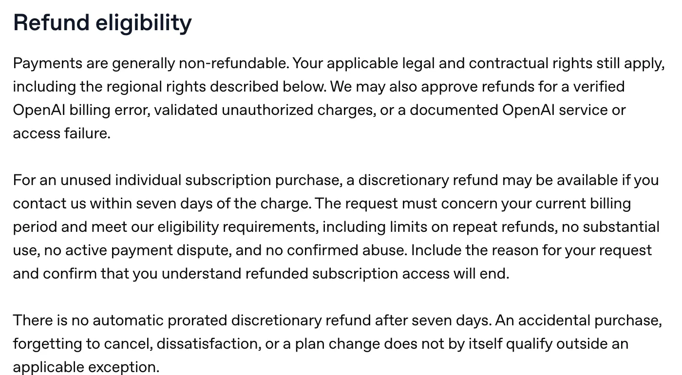 OpenAI refund eligibility section: payments generally non-refundable, discretionary refund within seven days for unused subscriptions, forgetting to cancel does not qualify