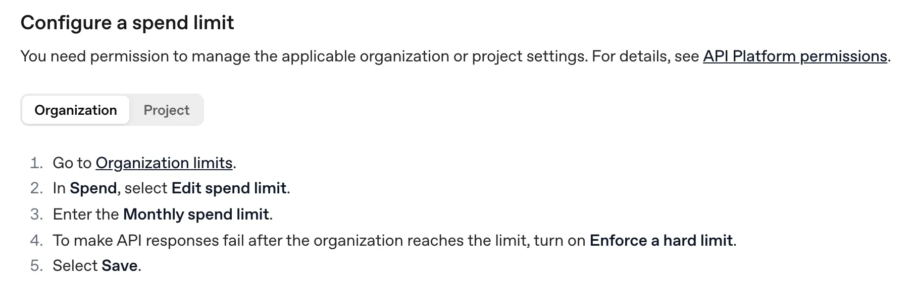 OpenAI's Configure a spend limit steps: Organization limits, Edit spend limit, Monthly spend limit, Enforce a hard limit