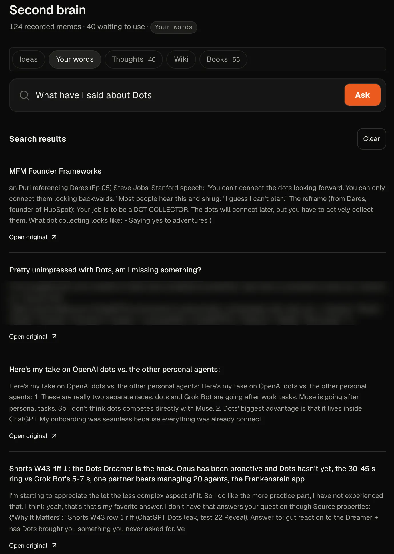 My Studio app's Second brain page showing 124 recorded memos, 40 waiting to use, and the search "What have I said about Dots" with four results: two of my own Dots takes, one saved podcast note, one saved Reddit thread blurred