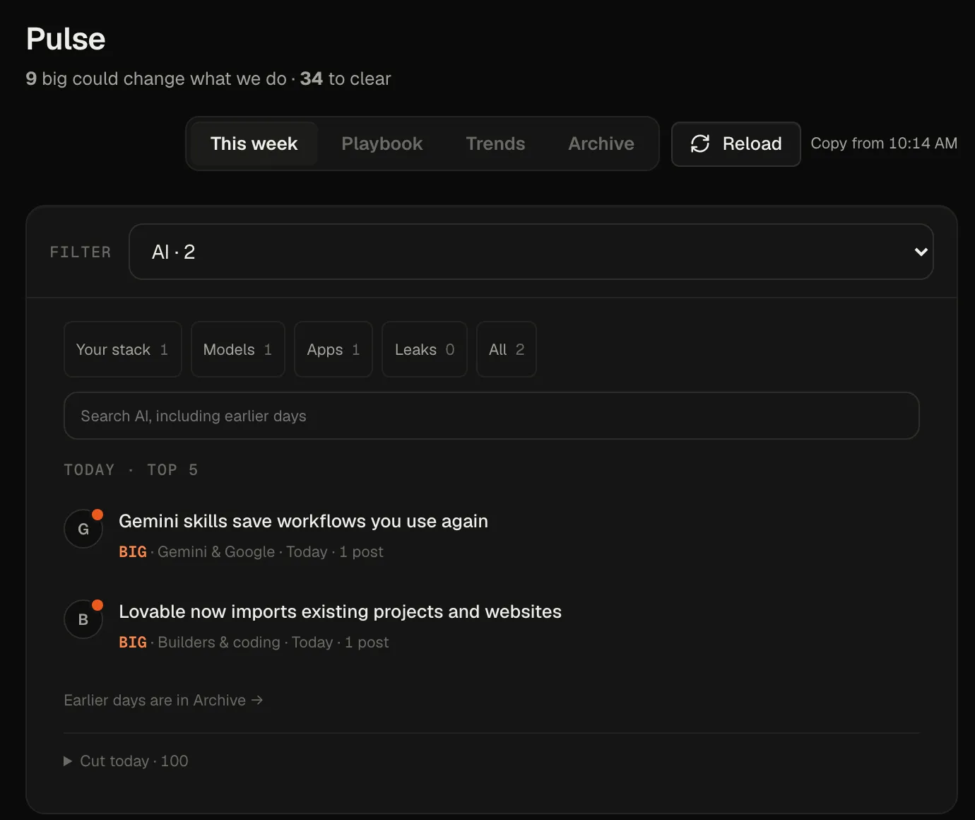 My Studio app's news tab filtered to AI: two BIG items today, Gemini skills and Lovable imports, with 100 more cut