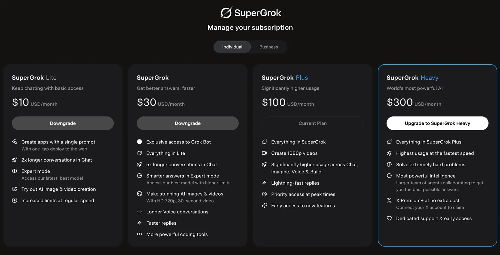 xAI's signed-in subscription screen showing four individual plans: SuperGrok Lite at $10 USD per month, SuperGrok at $30, SuperGrok Plus at $100 marked Current Plan, and SuperGrok Heavy at $300, each with its feature bullets