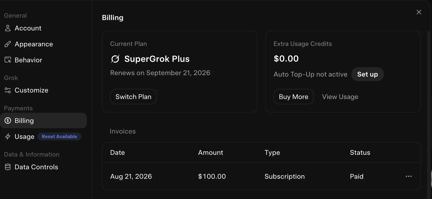 My Grok billing screen: SuperGrok Plus, renews September 21, 2026, a $100 subscription invoice paid August 21