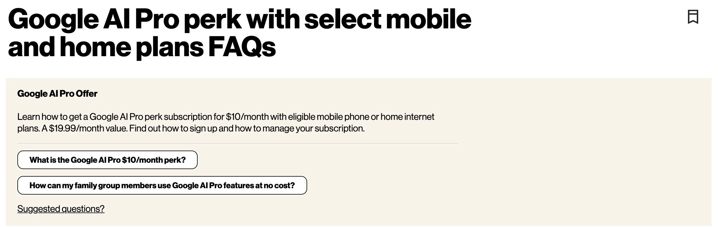 Verizon's Google AI Pro perk FAQ on October 23, 2026, offering a Google AI Pro perk subscription for $10 a month with eligible mobile phone or home internet plans, described as a $19.99 a month value