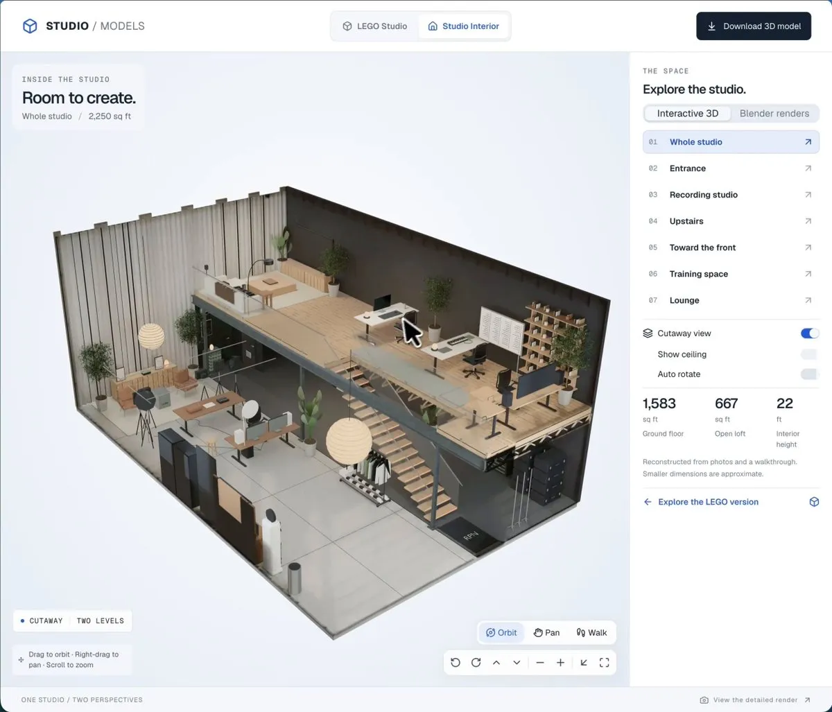 Roberto Nickson's result: an interactive cutaway 3D model of his two-level studio, with room-by-room navigation and square footage, built by GPT-6 Astra from nine phone photos
