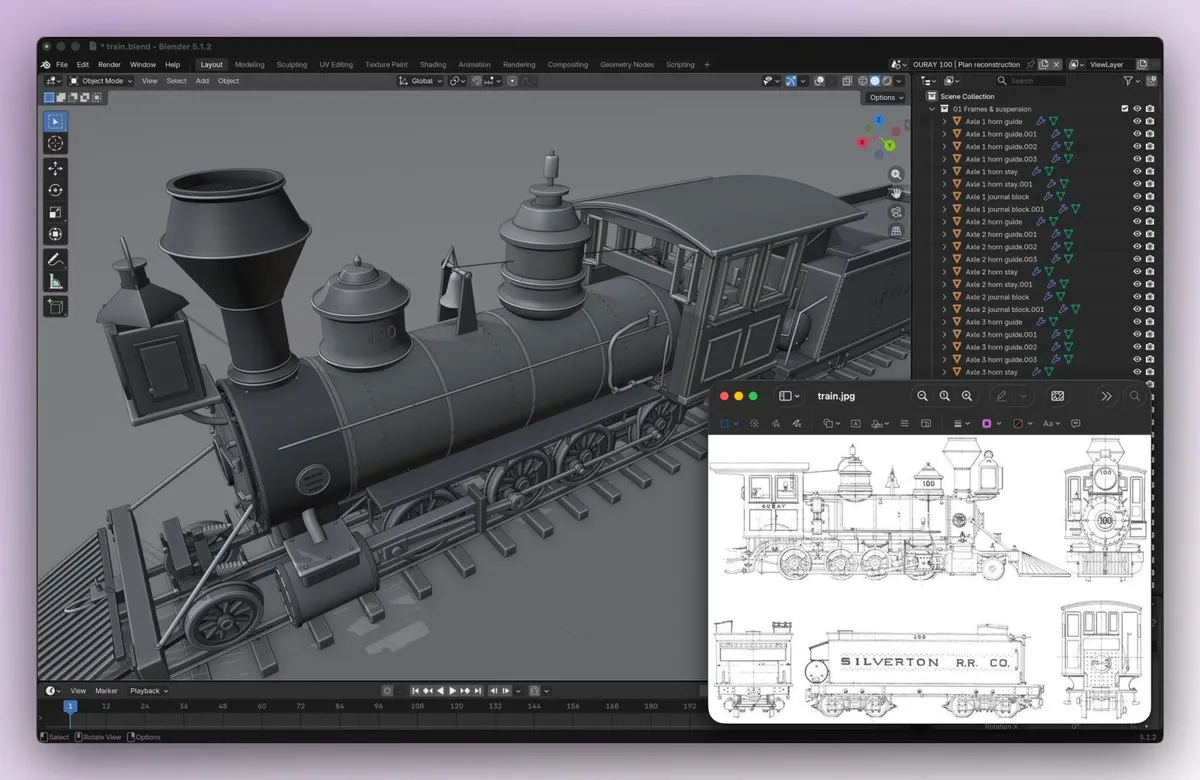 Frame from Tom Krcha's video: a detailed steam locomotive rebuilt as editable 3D geometry in Blender, generated by GPT-6 Astra from an old drawing