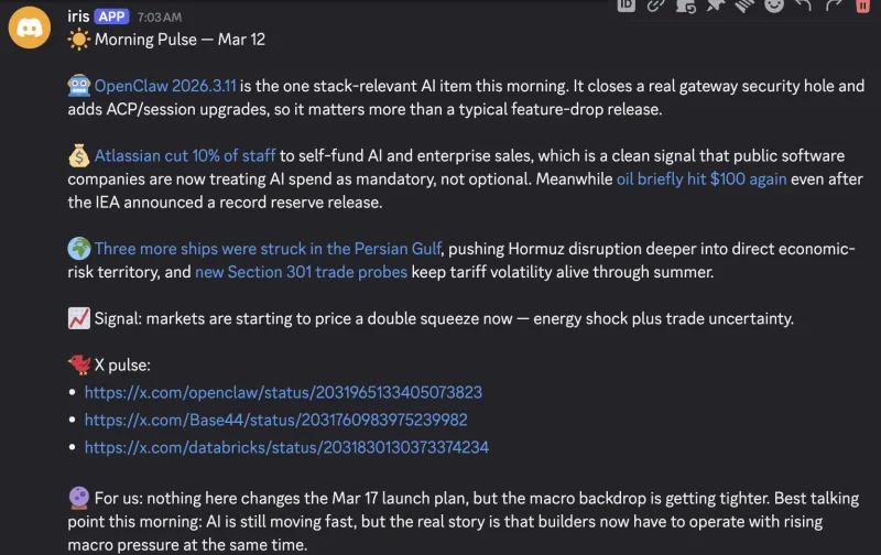 Telegram morning brief notification showing daily AI-generated niche intelligence digest