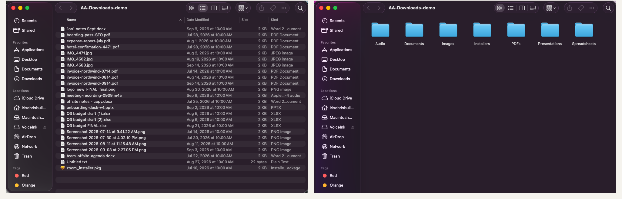 Before and after: 24 loose files sorted into 7 folders by Claude