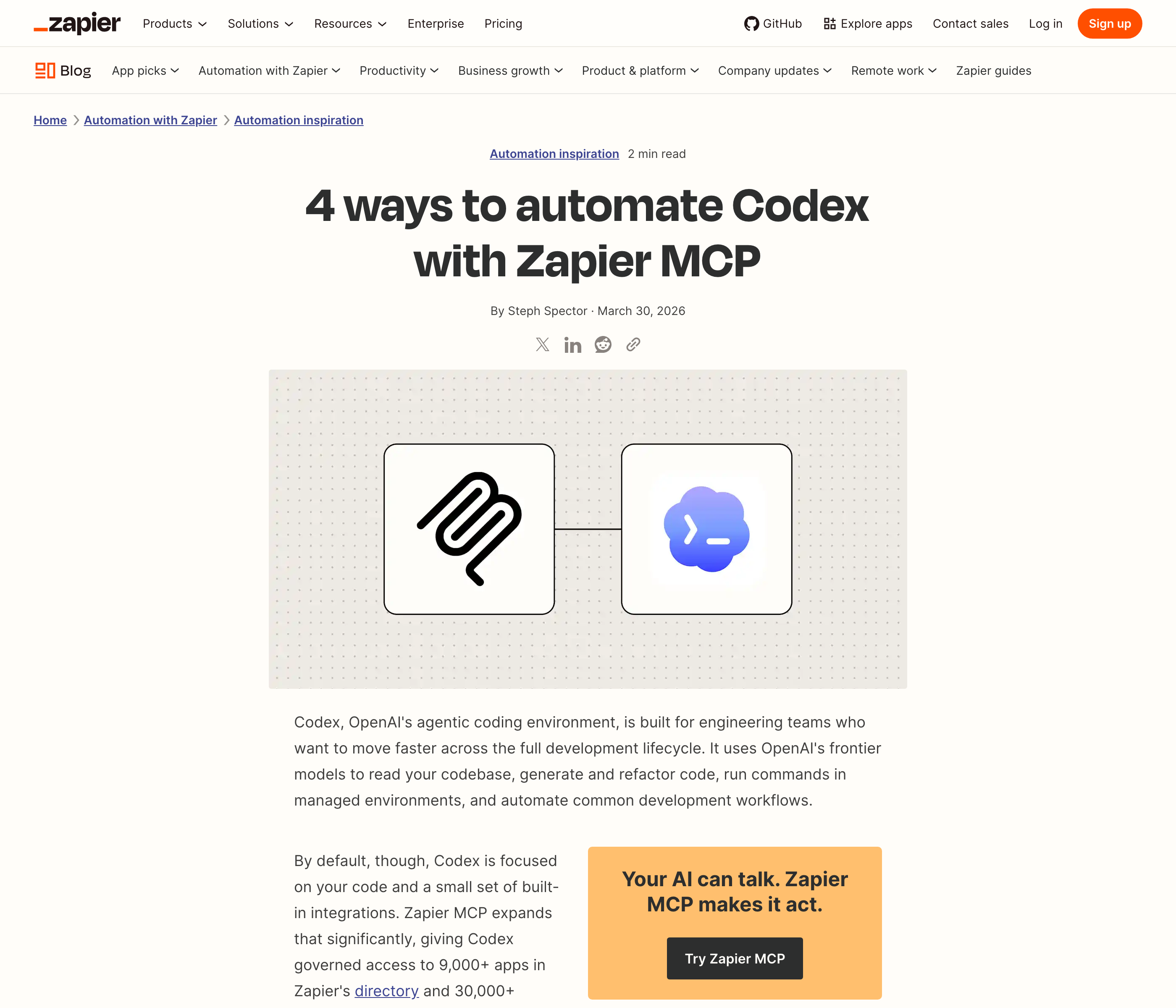 Zapier's own MCP guide for Codex, the primary source for the setup steps on this page