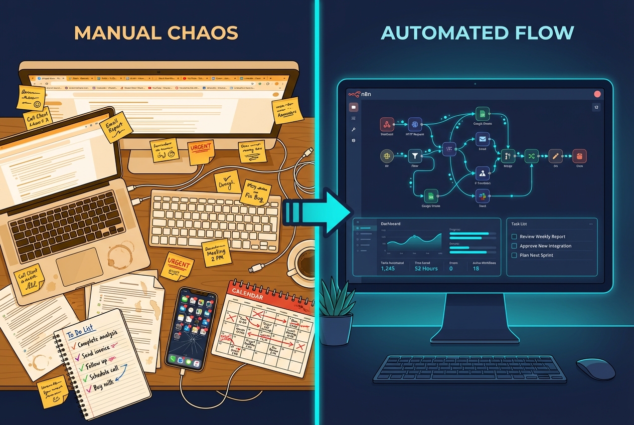 Before automation vs after automation - from scattered chaos to organized automated workflows