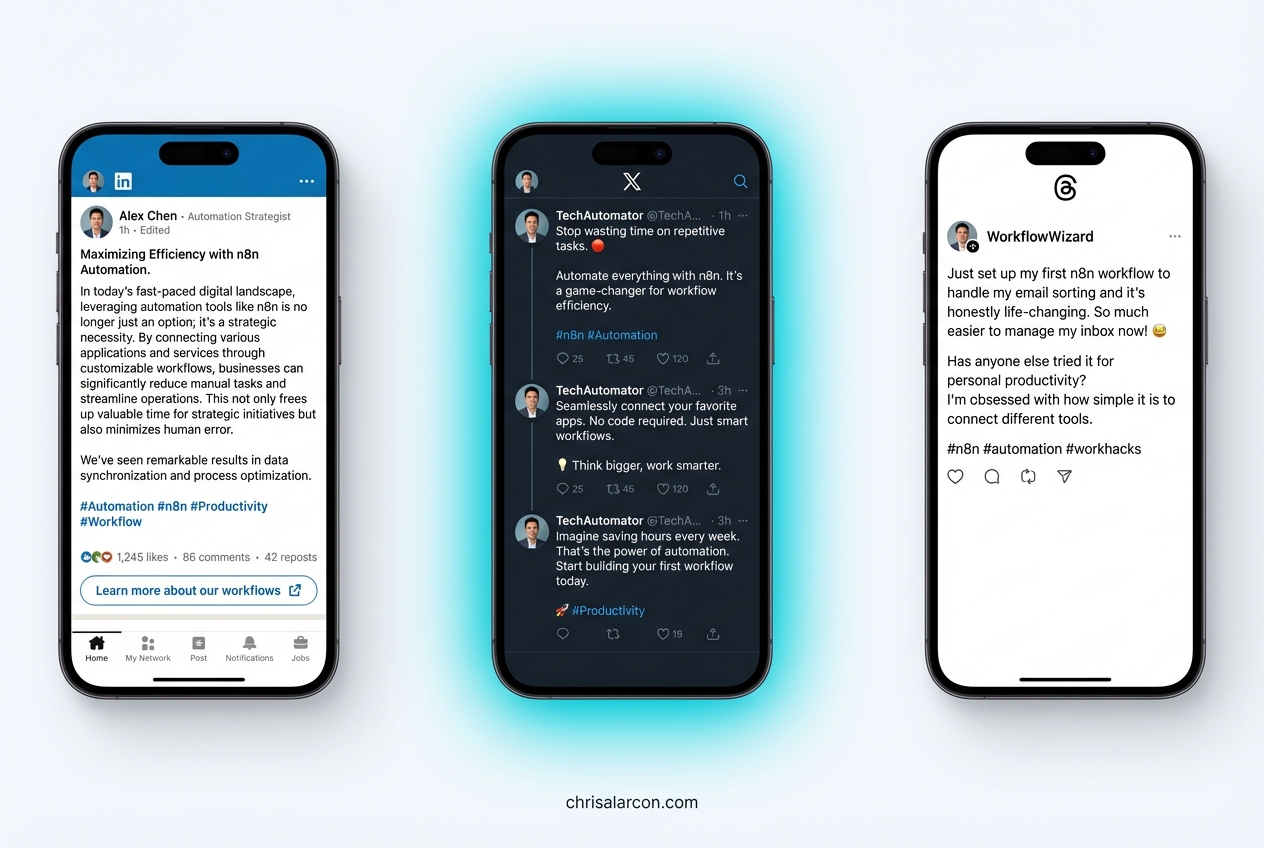Platform-specific social media posts generated by Claude showing LinkedIn, Twitter, and Threads formatting