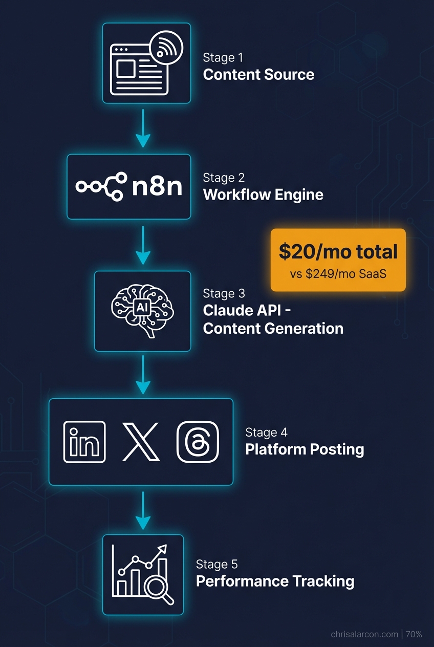 Social media automation workflow architecture showing content flow from source to posting