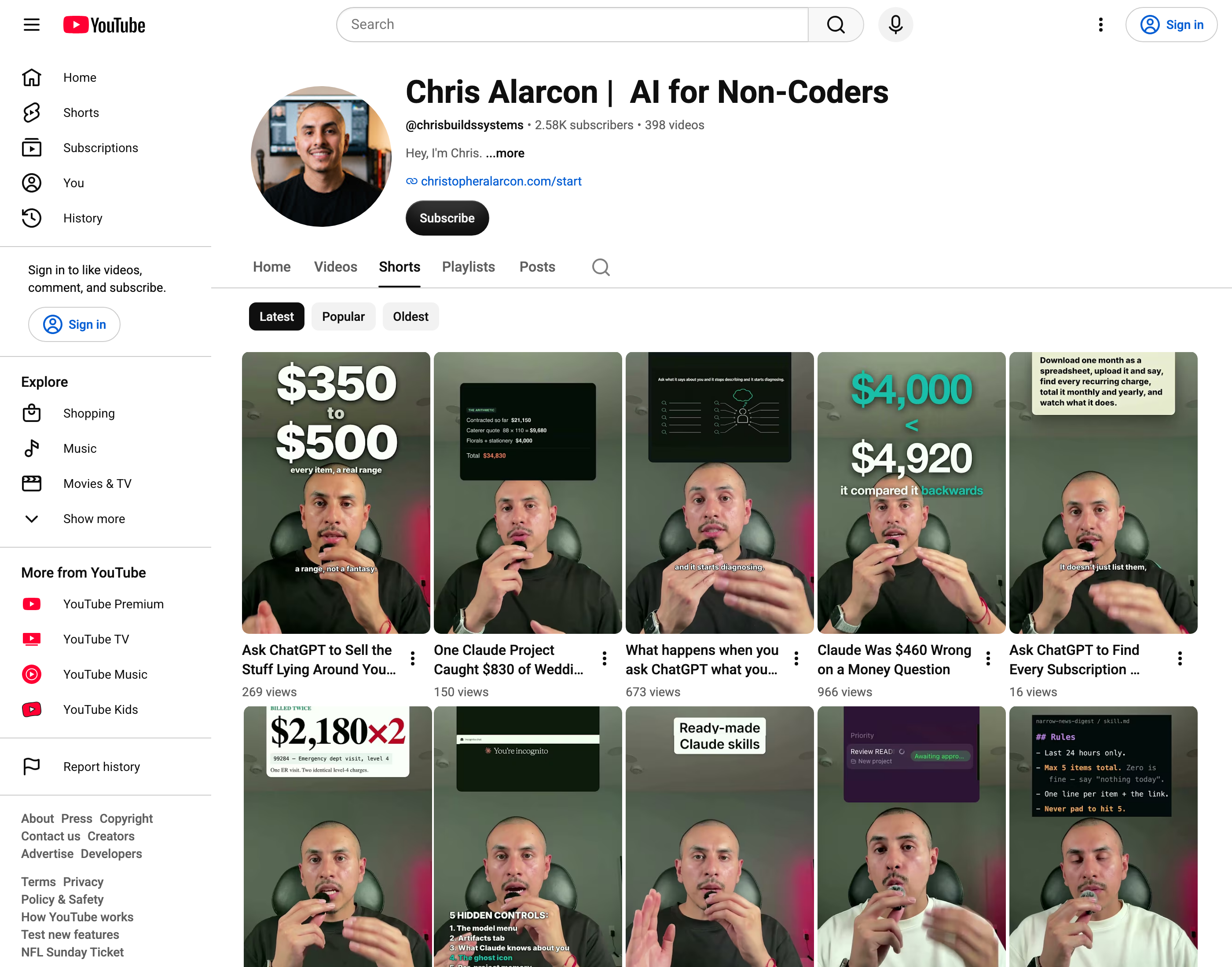 Chris Alarcon's YouTube shorts grid: recent shorts carrying the automated money-overlay visuals the Fable-built pipeline produces