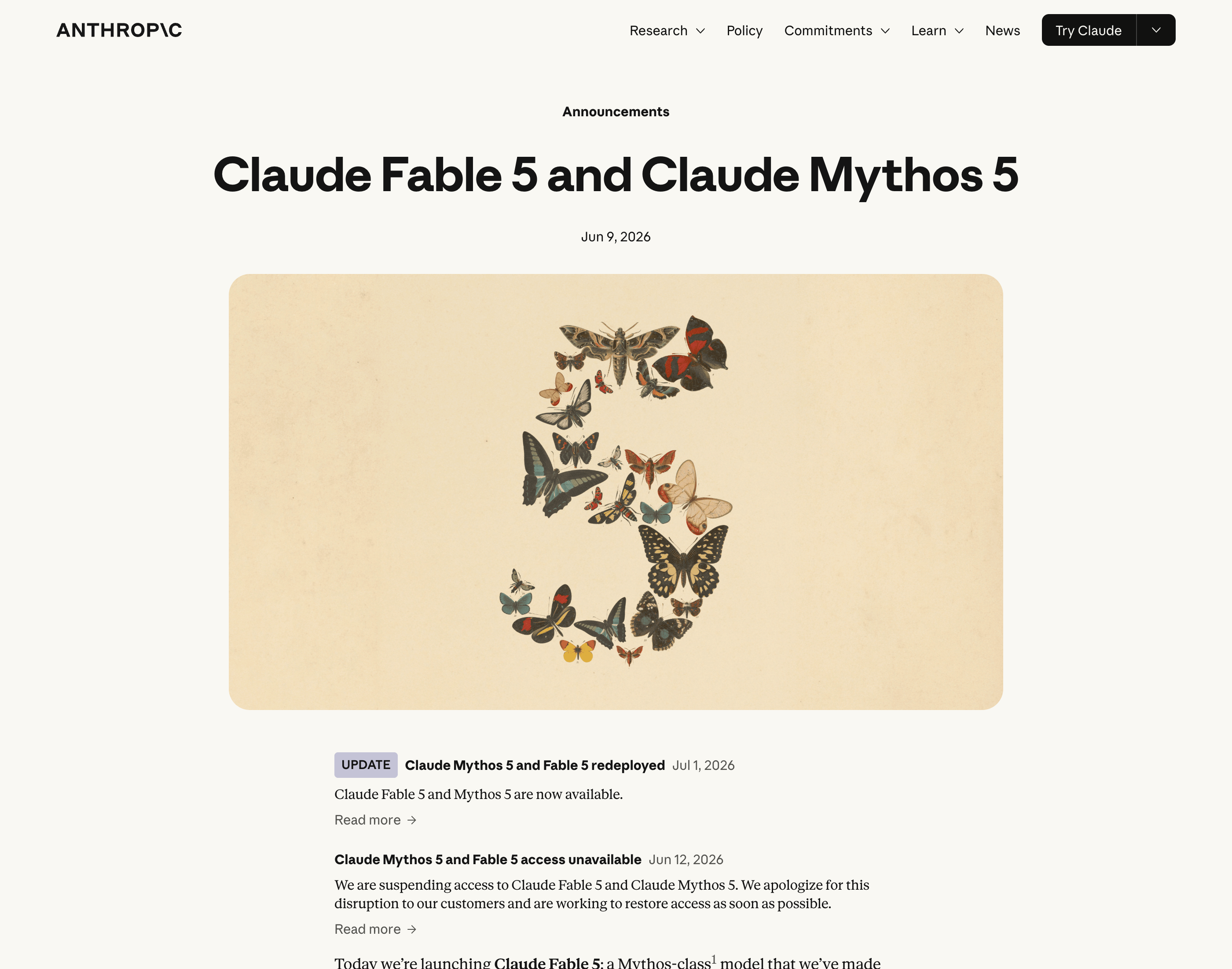 Anthropic's Claude Fable 5 and Claude Mythos 5 announcement page, with the June 9 launch and the July 1 redeploy update