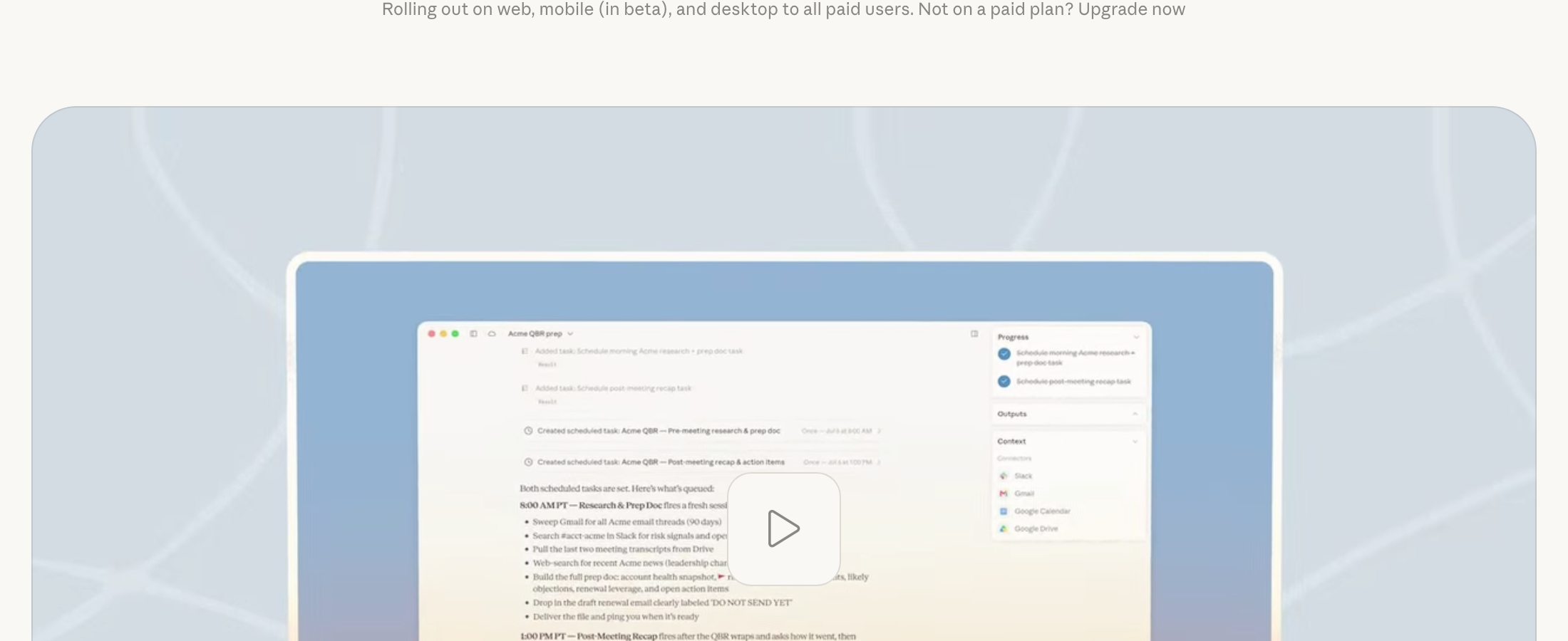 Cowork's scheduled tasks in action: two recurring tasks created from one request, from Anthropic's product demo