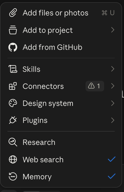 The Claude composer plus menu on a Max 20x account showing Add files, Add to project, Add from GitHub, Skills, Connectors, Design system, Plugins, Research, Web search, and Memory, with no Docs entry
