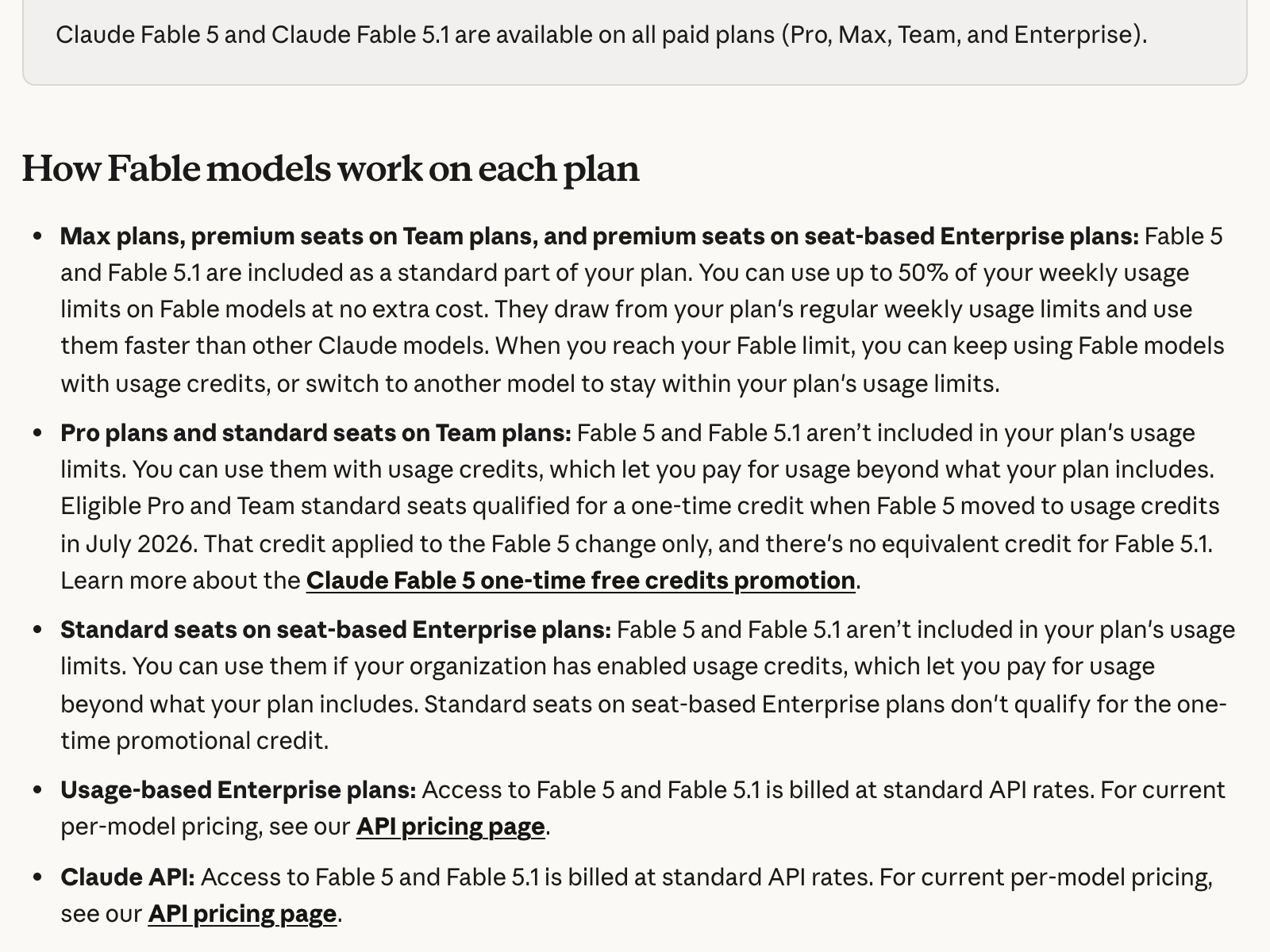 Anthropic's support article explaining how Fable models work on each plan