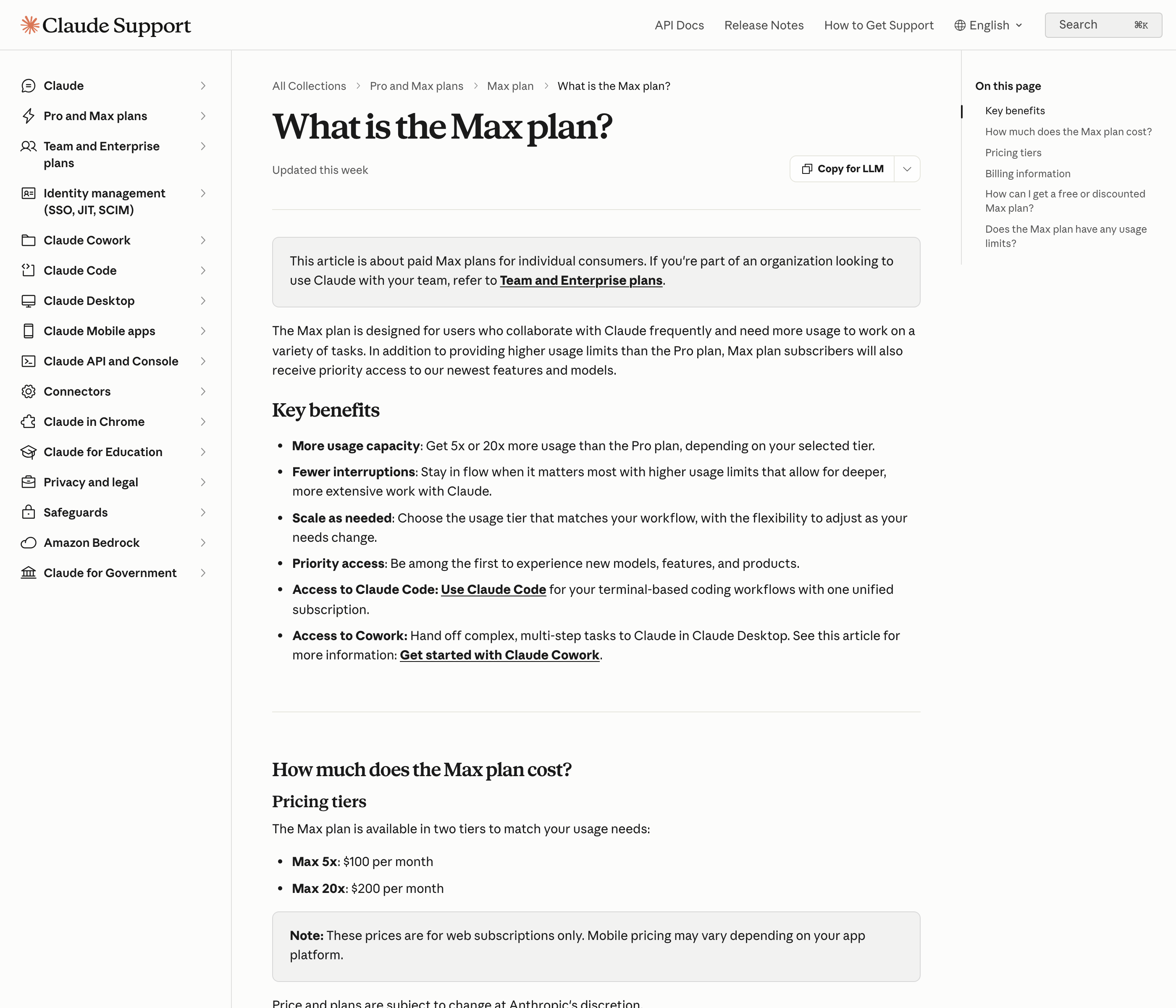 Anthropic's support article on the Max plan, listing Max 5x at $100 per month and Max 20x at $200 per month, with key benefits including 5x or 20x more usage than Pro and priority access