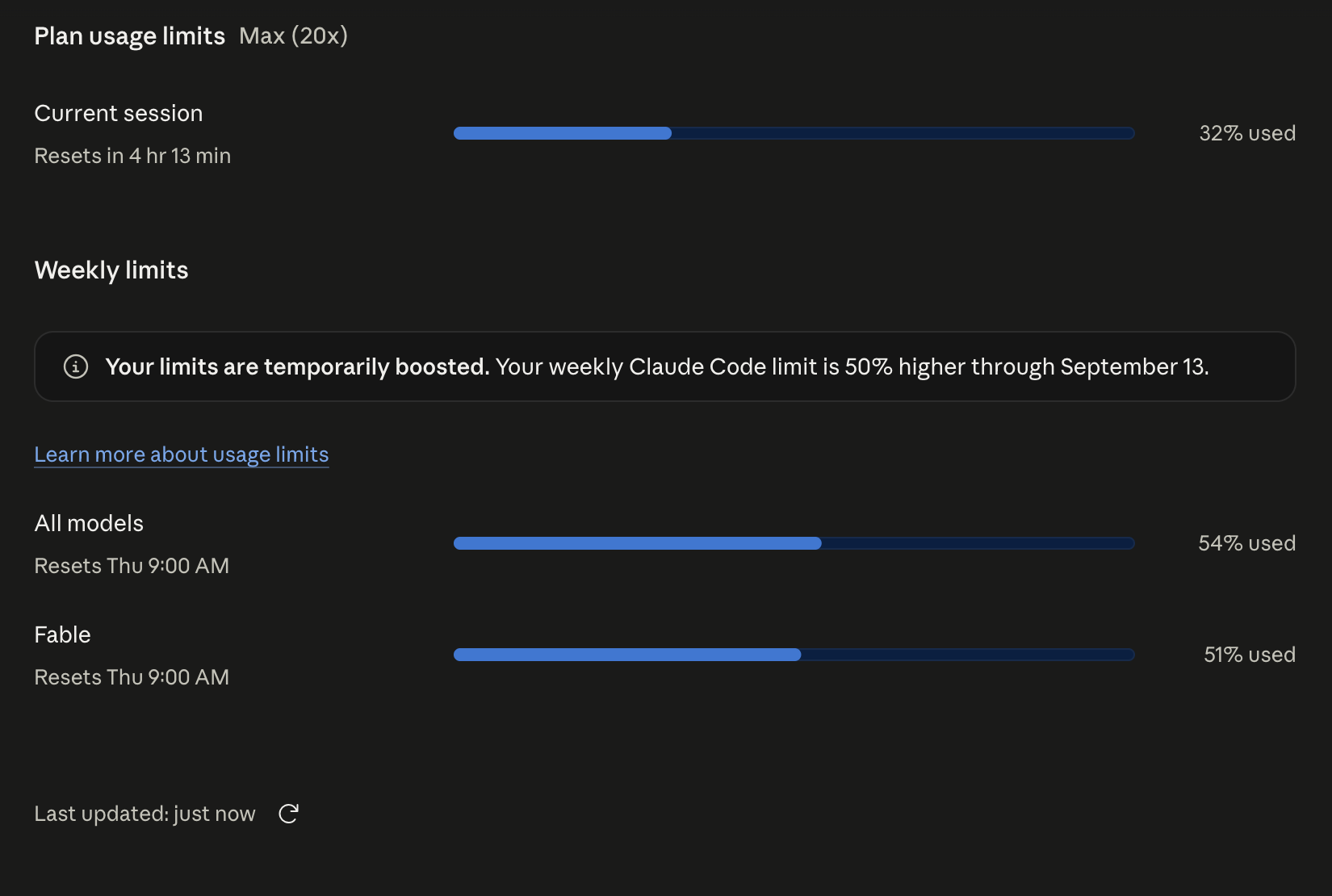 My Claude usage page on the Max 20x plan, Saturday afternoon September 5, 2026: current session 32% used and resetting in 4 hours 13 minutes; weekly limits All models 54% used and Fable 51% used, both resetting Thursday 9 AM; a notice that the weekly Claude Code limit is temporarily 50% higher through September 13