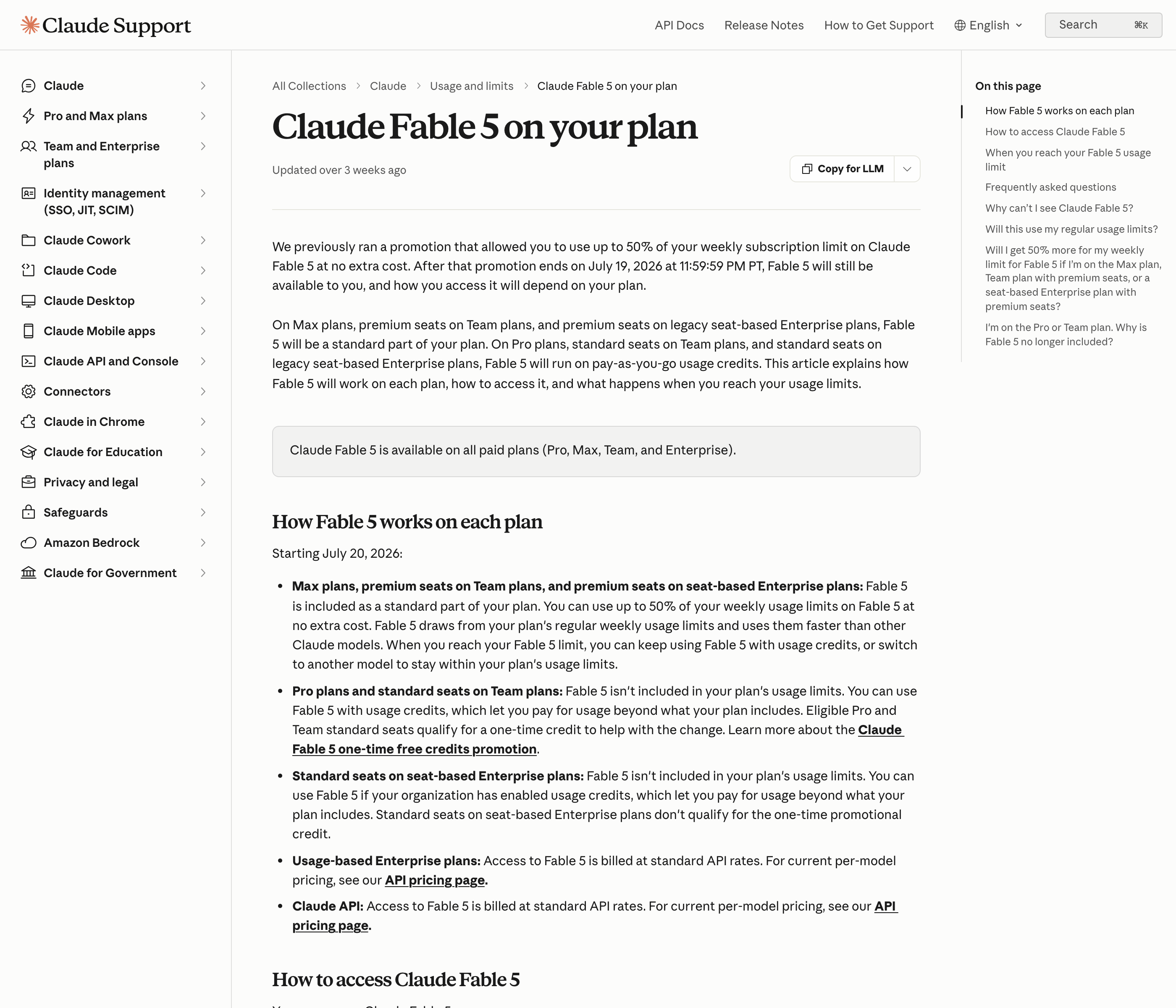 Anthropic's support article on Claude Fable 5 by plan, stating that on Max plans Fable 5 is a standard part of the plan at up to 50% of weekly usage limits, while on Pro plans it runs on pay-as-you-go usage credits