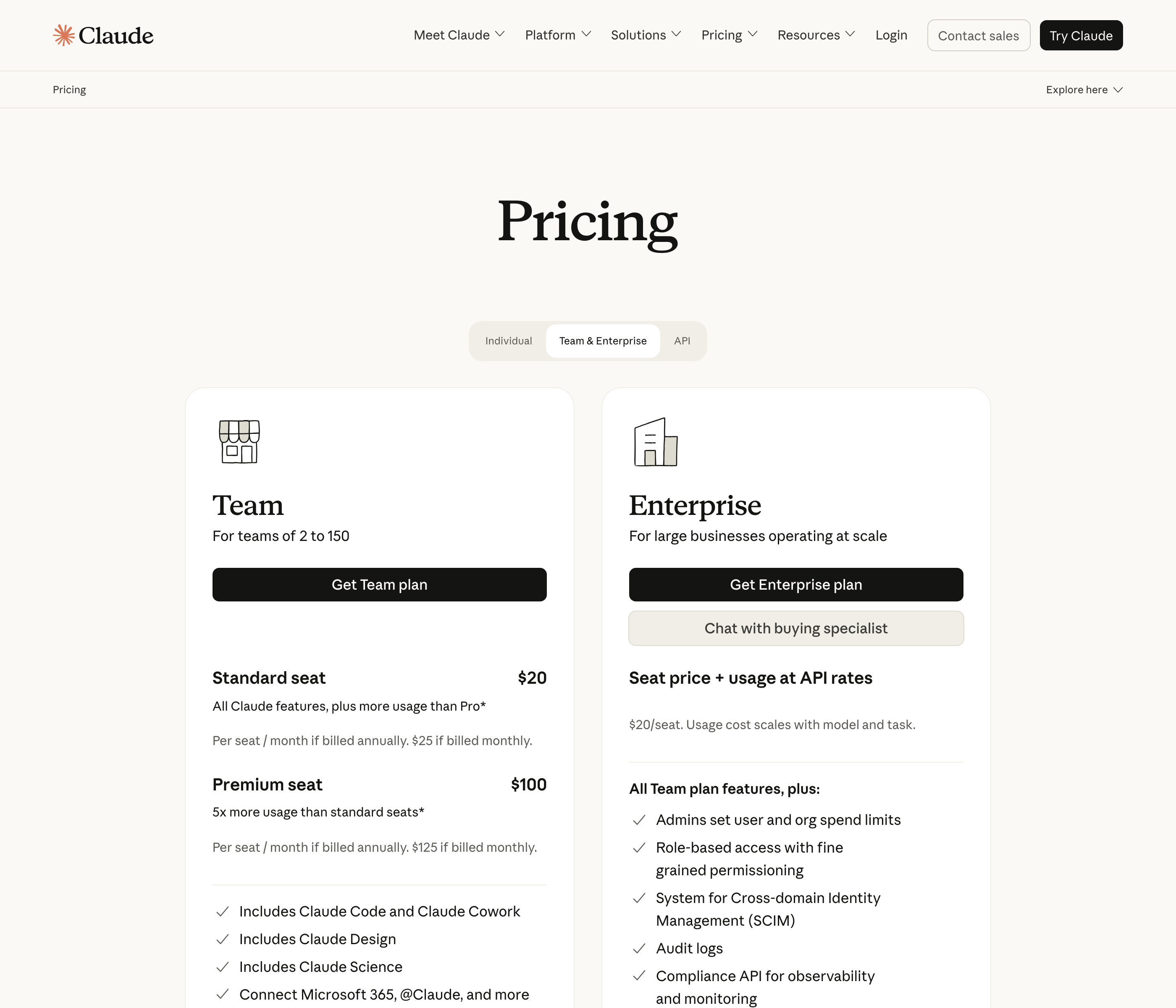 Anthropic's pricing page on September 5, 2026 with the Team and Enterprise tab selected. The Team card reads For teams of 2 to 150, Standard seat $20 per seat per month billed annually or $25 monthly, Premium seat $100 annually or $125 monthly with 5x more usage than standard seats, and a feature line reading Includes Claude Code and Claude Cowork
