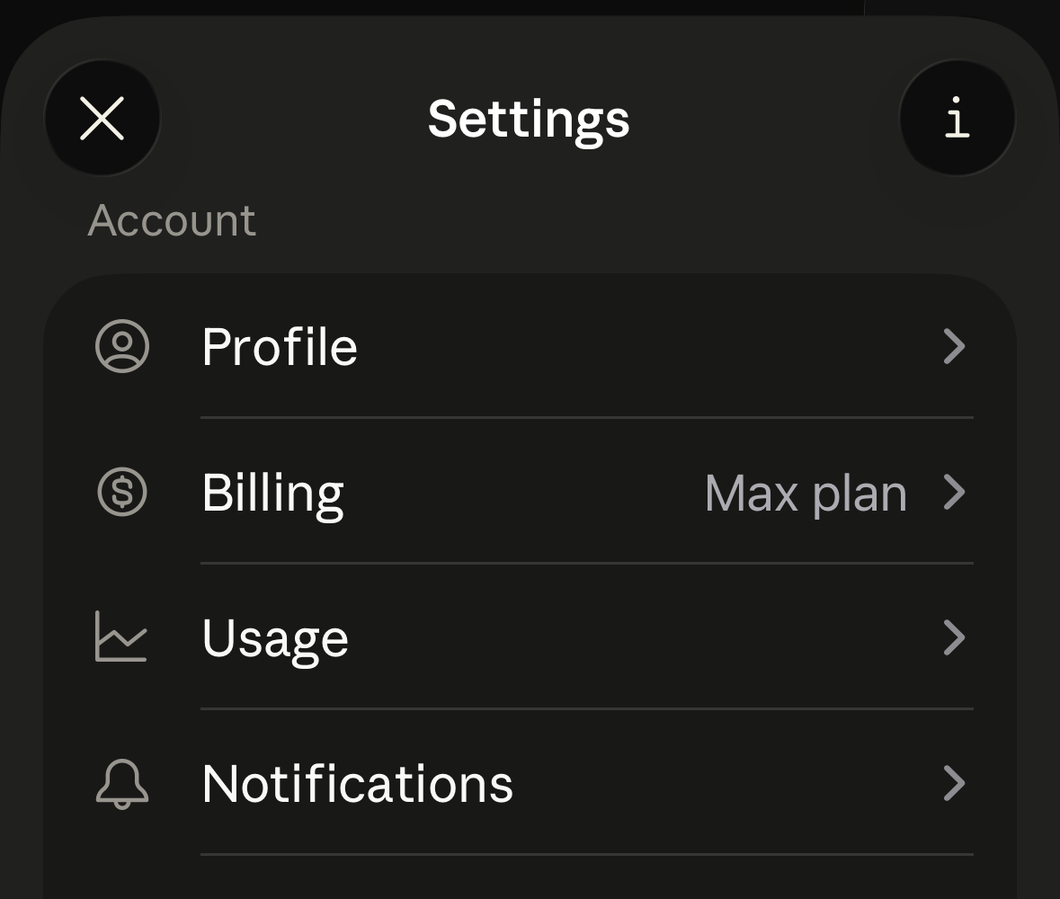 Claude Settings screen on the mobile app showing the Account section with Profile, Billing marked Max plan, Usage, and Notifications rows