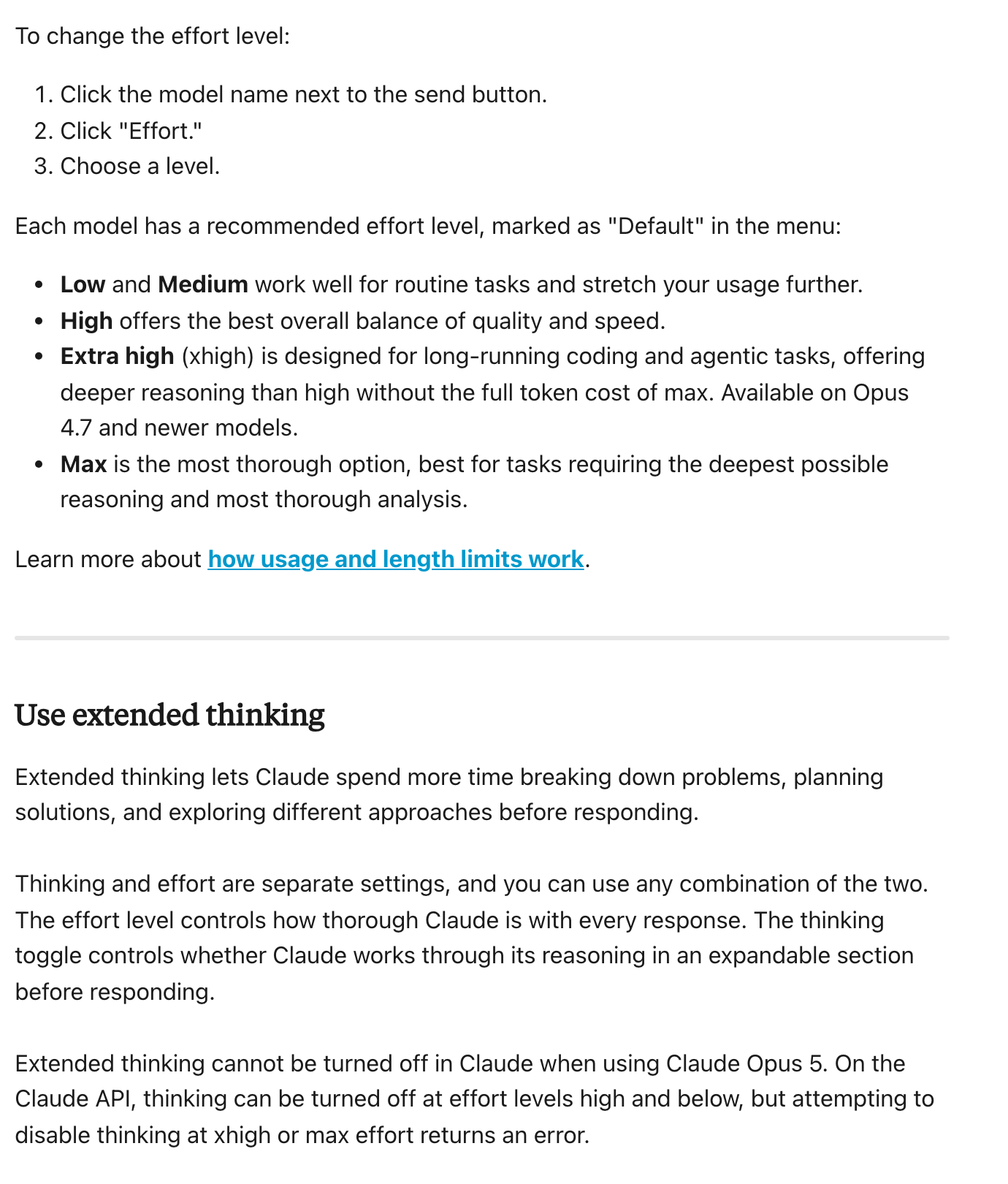 Anthropic's settings documentation showing the three steps to change the effort level, the five levels from Low to Max with Low and Medium described as stretching your usage further, and the note that extended thinking cannot be turned off when using Claude Opus 5