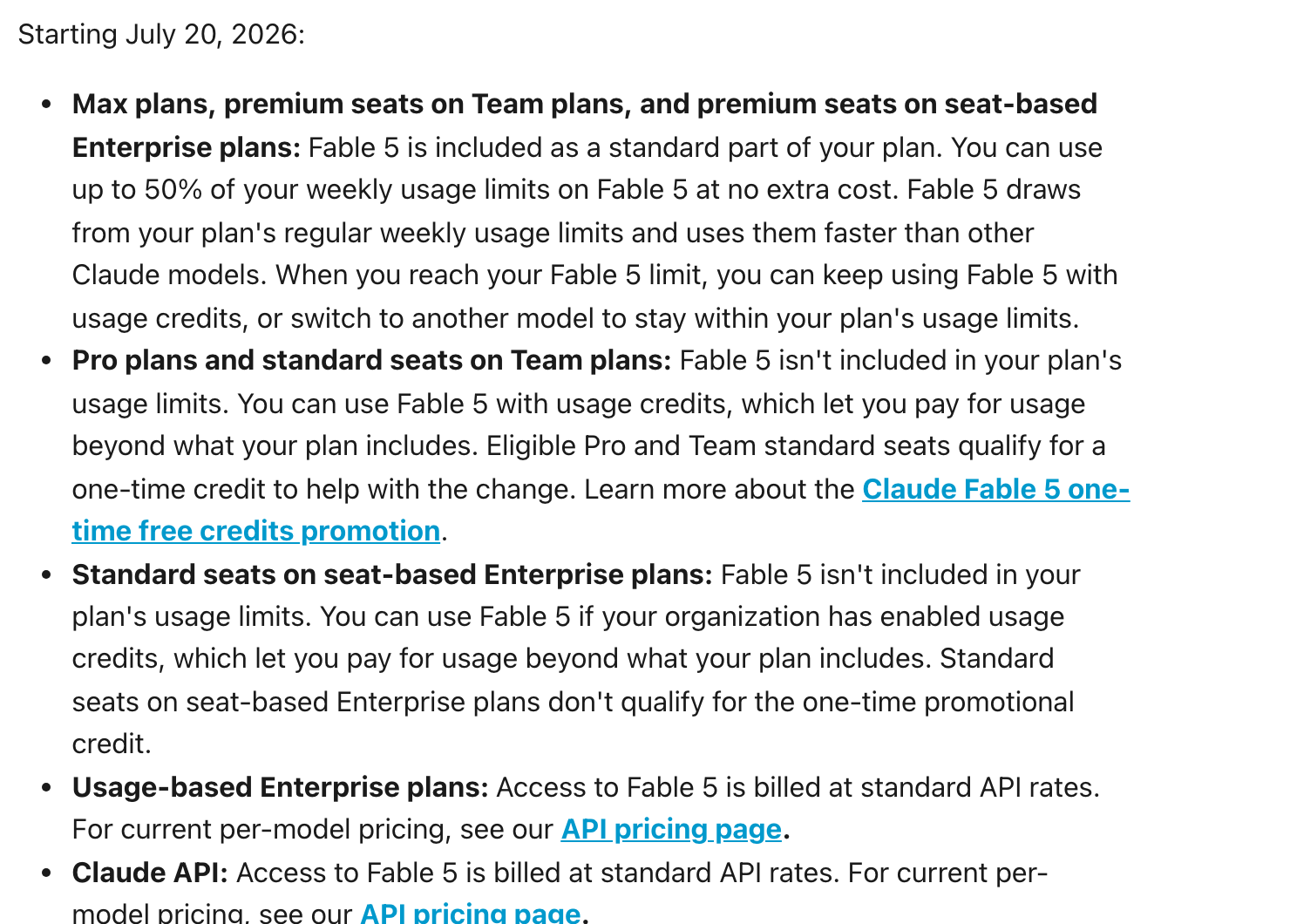 Anthropic's Fable 5 plan page listing how Fable works per plan, including that on Max it draws from your regular weekly usage limits and uses them faster than other Claude models, and that on Pro it runs on usage credits