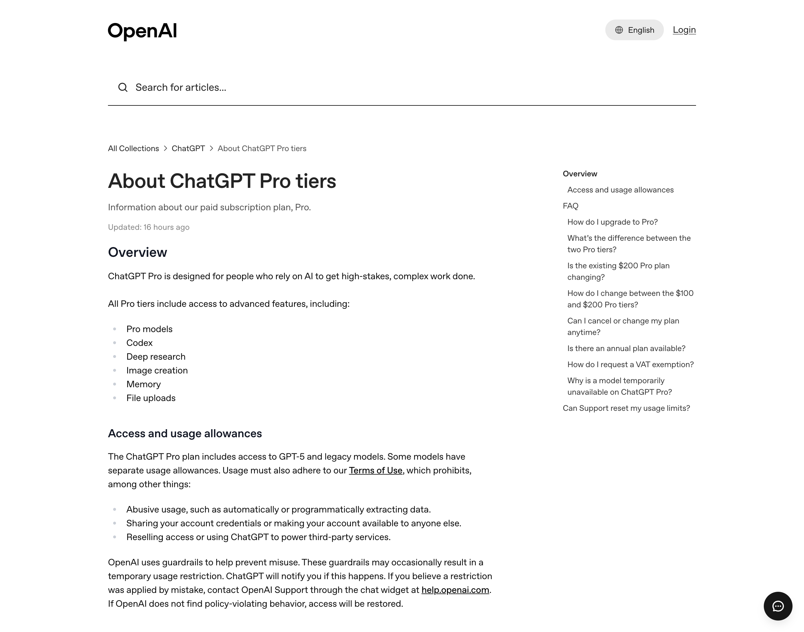 OpenAI's official Pro tiers article, the primary source for the usage and model facts on this page