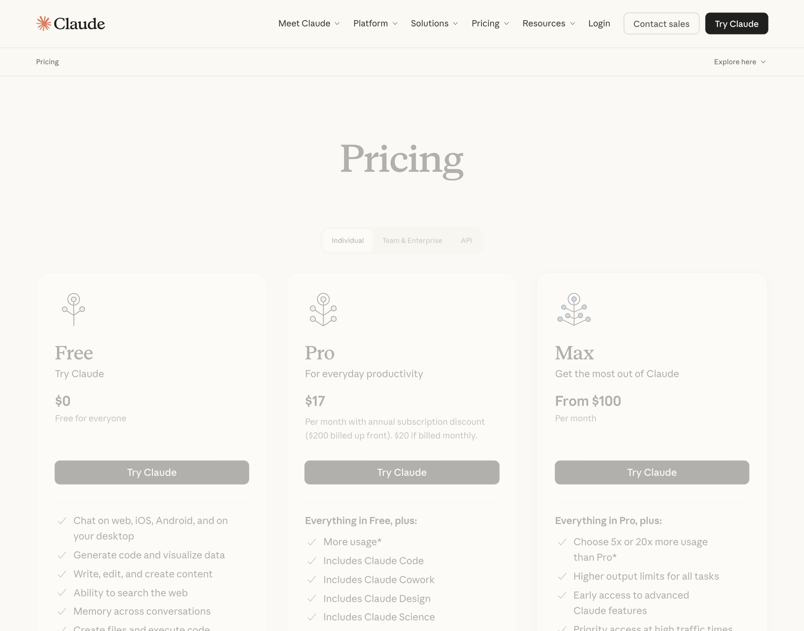 Claude's official pricing page showing the Free, Pro, and Max tiers, with Pro at $17 per month annual and "Write, edit, and create content" listed as a feature