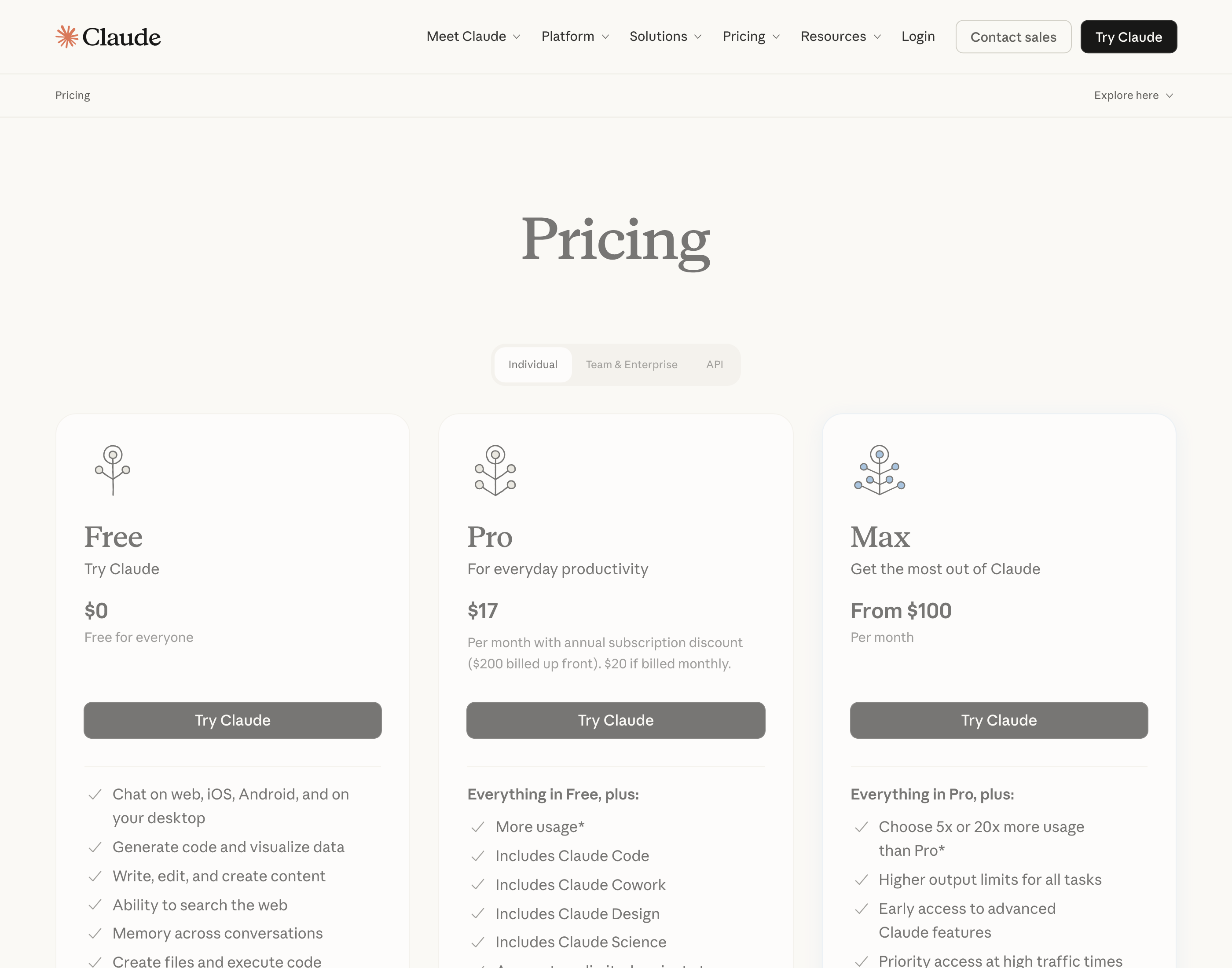 Claude's live pricing page showing Free at $0, Pro at $17 to $20, and Max from $100 per month, captured July 27, 2026