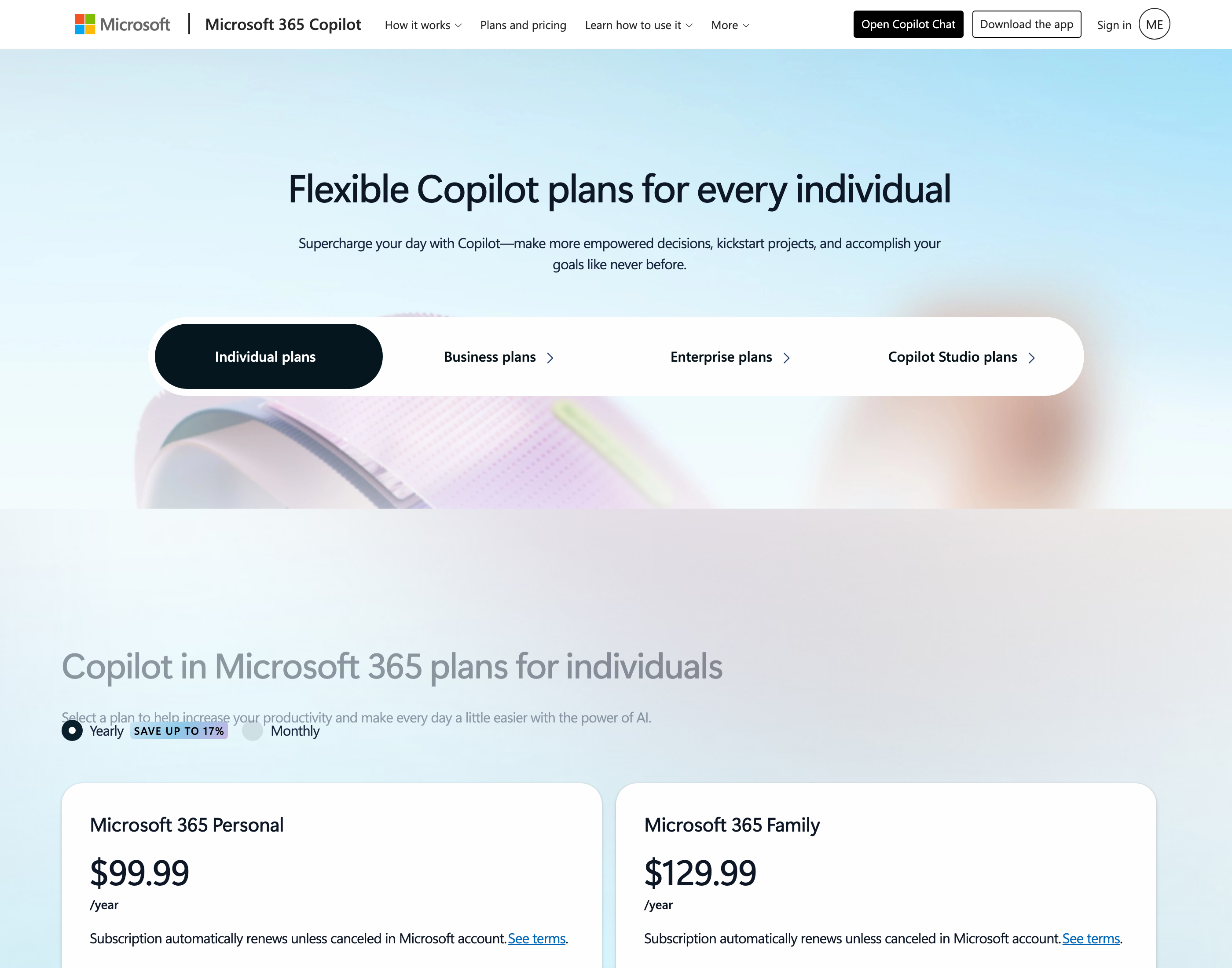 Microsoft 365 Copilot's individual plans page: Personal and Family tiers, no standalone Copilot Pro anywhere
