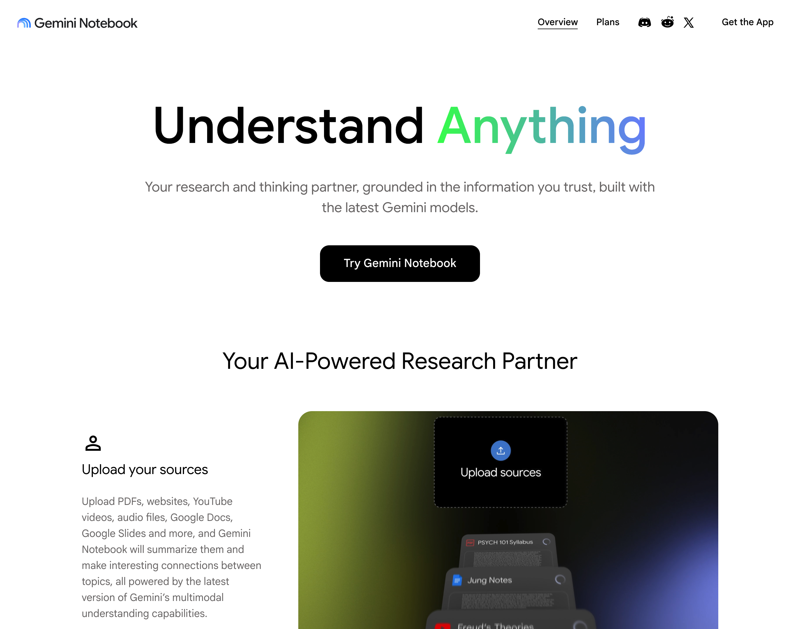 Gemini Notebook's homepage: "Understand Anything," your research partner grounded in sources you upload