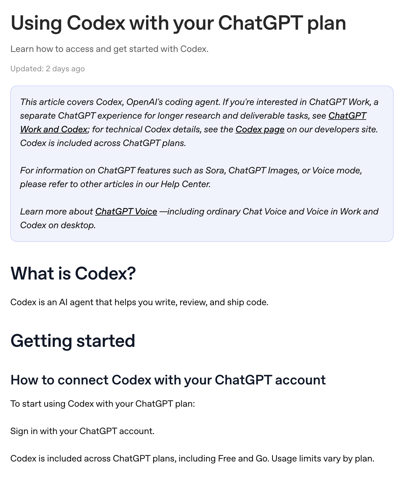 OpenAI's help article stating that Codex is included across ChatGPT plans, including Free and Go