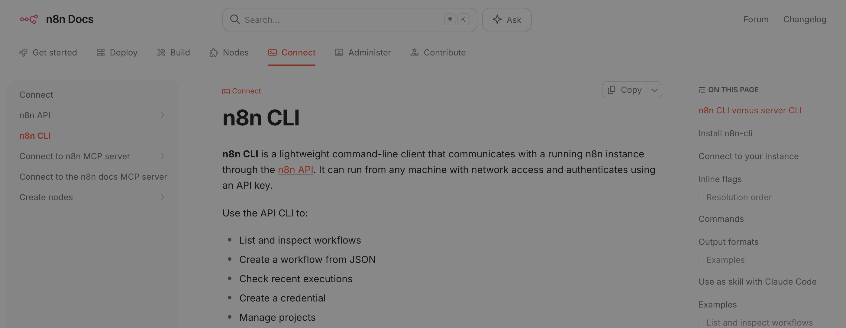 n8n's own CLI documentation defining the n8n CLI as a lightweight command-line client that talks to a running instance through the n8n API, with its capability list: list and inspect workflows, create a workflow from JSON, check recent executions, create a credential, manage projects