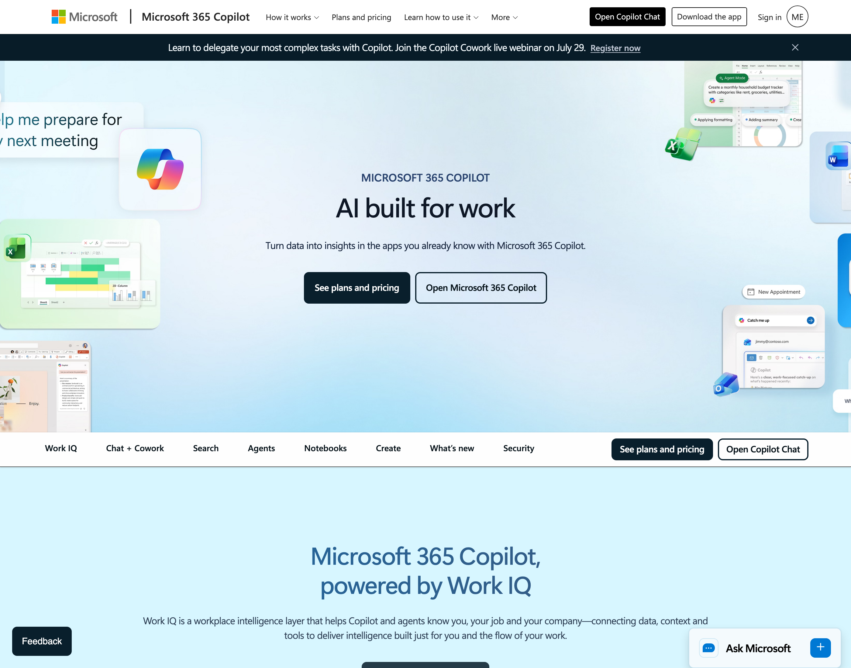 Microsoft 365 Copilot's official page, "AI built for work," the paid product most articles conflate with the free Copilot Chat