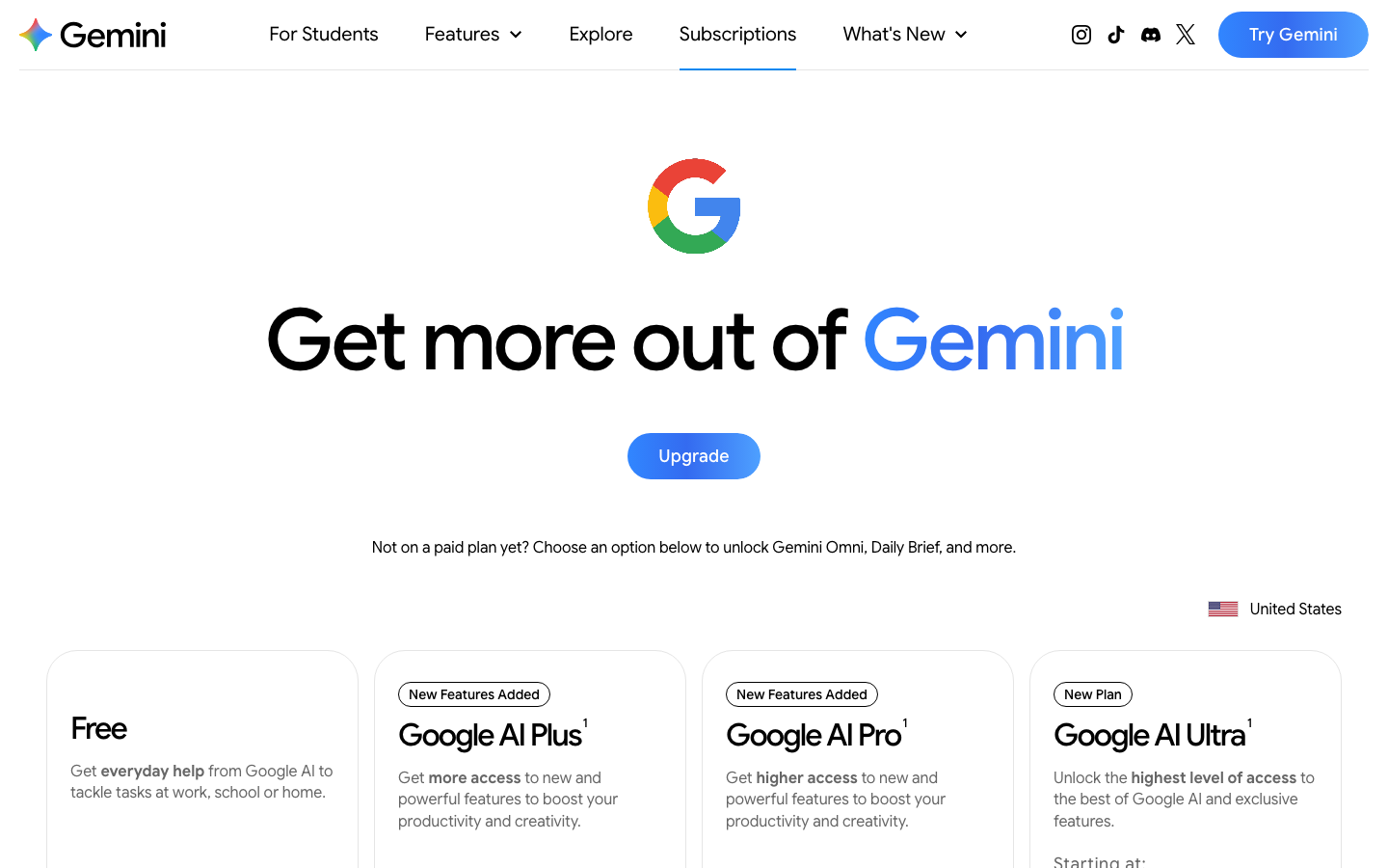 Google's live Gemini subscriptions page on July 31, 2026: Free, AI Plus, AI Pro, and AI Ultra