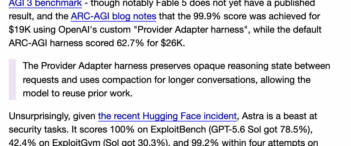 Simon Willison's write-up noting the ARC-AGI-3 harness difference and that Fable 5 has no published result