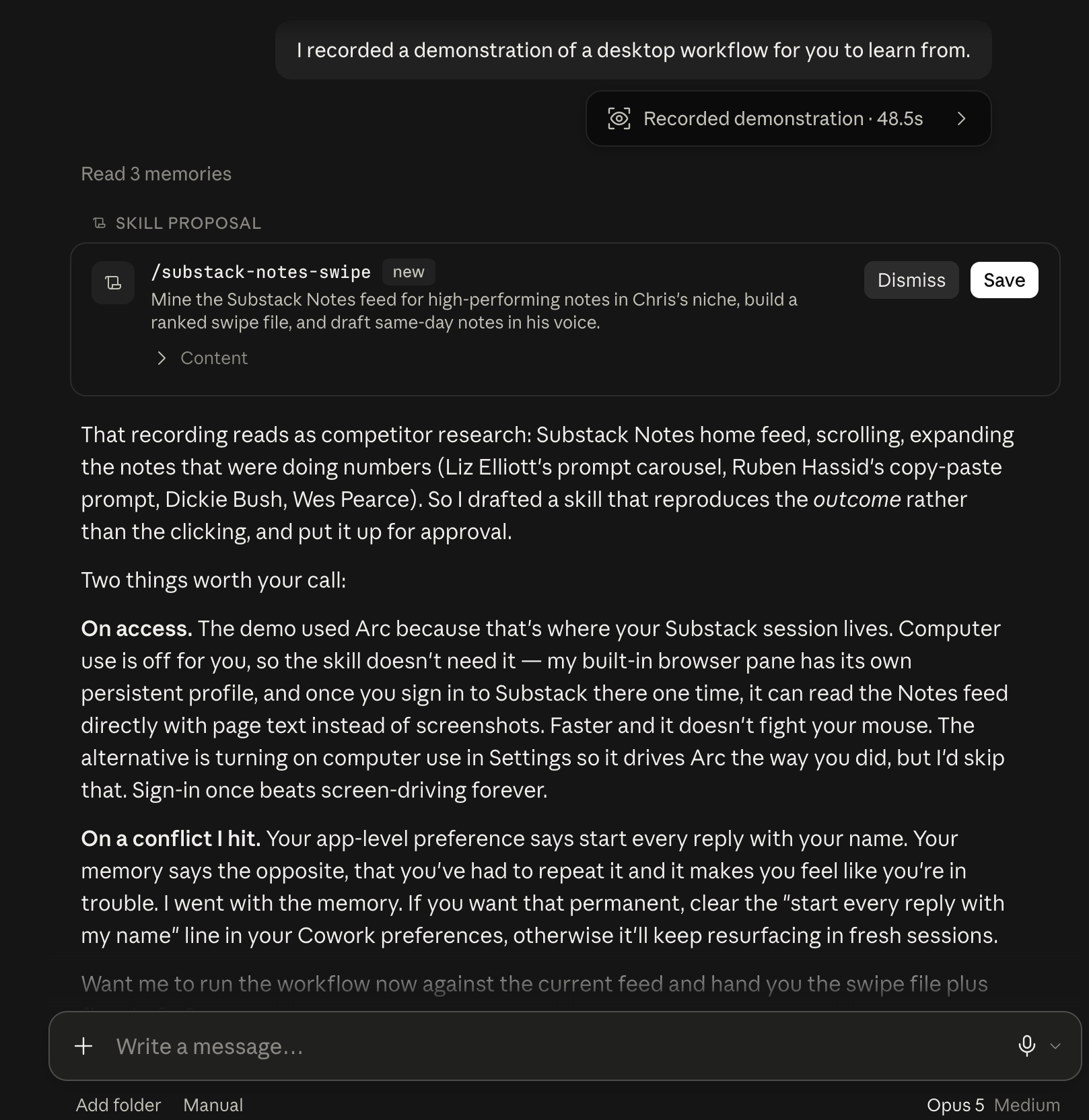 A real Claude Cowork session: it watched a 48-second recorded demonstration of my workflow and proposed a reusable skill from it