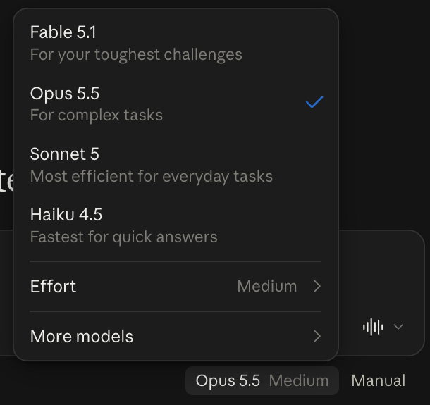 The model picker in my Claude app on September 22, 2026, with Opus 5.5 checked under Fable 5.1