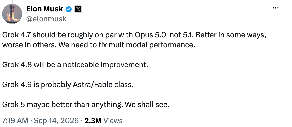 Elon Musk's September 14, 2026 post on where Grok 4.7 sits against Opus 5