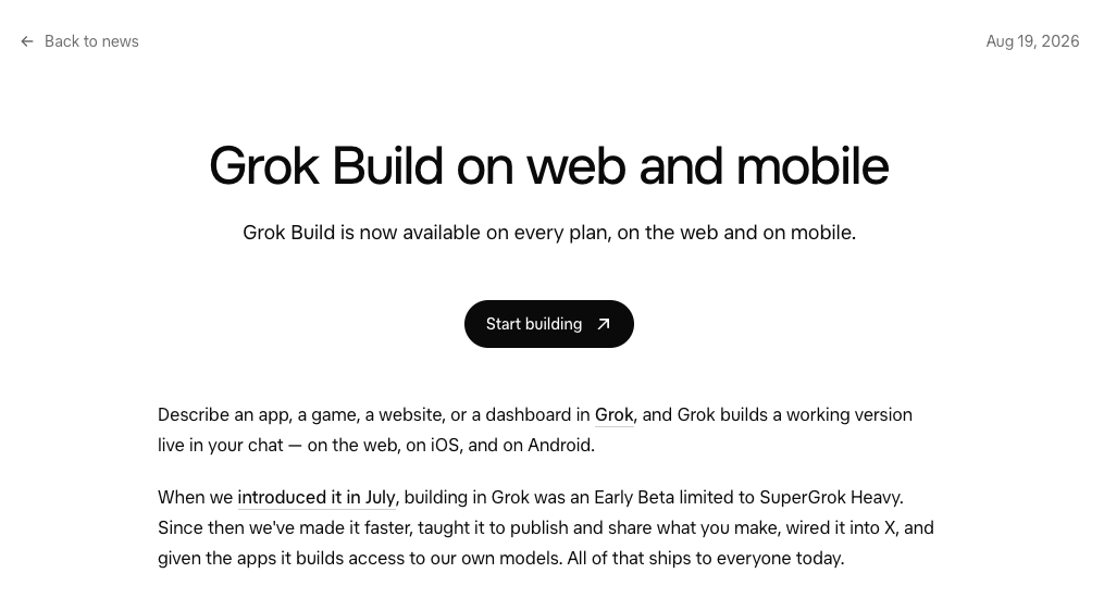 xAI's August 19, 2026 announcement that Grok Build is available on every plan