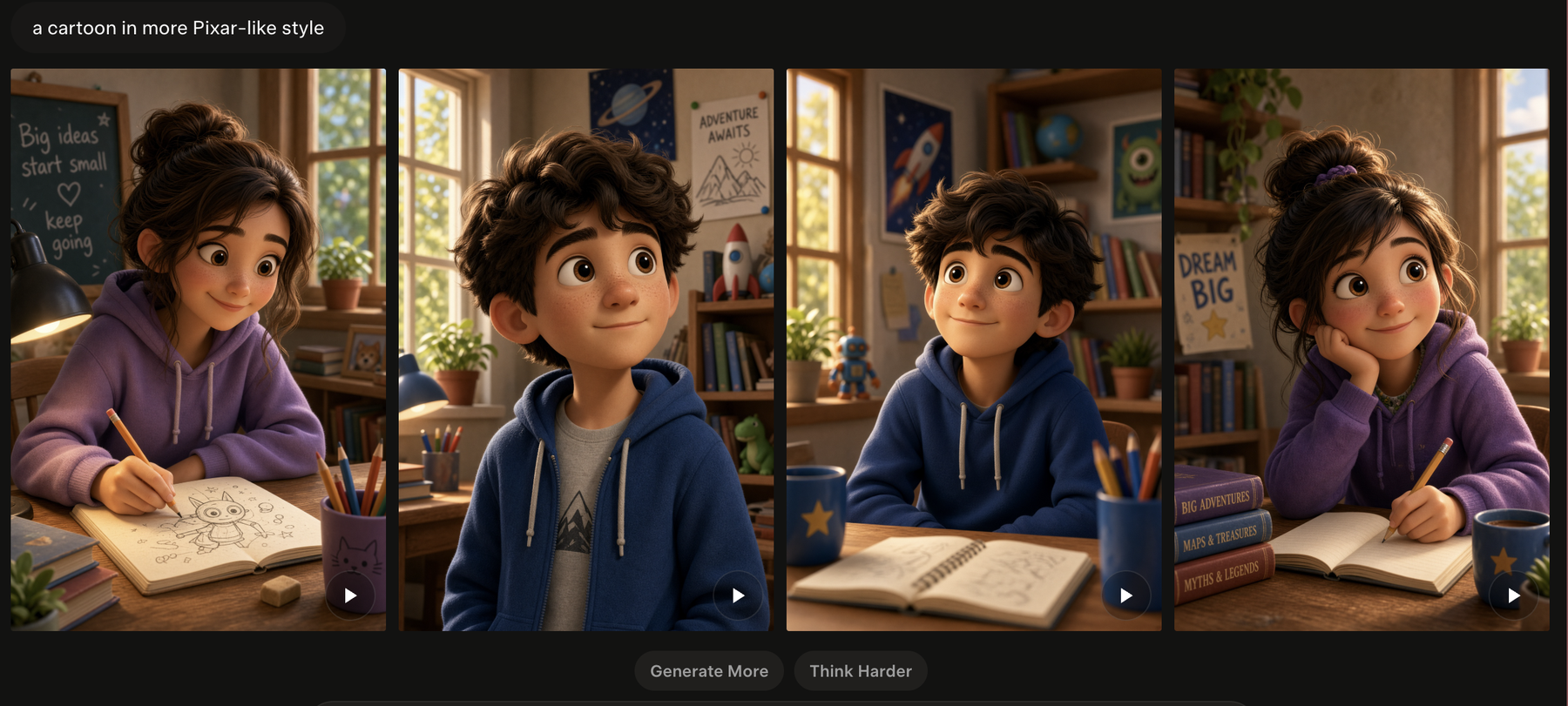 Grok Imagine on my SuperGrok Plus account: one prompt, a cartoon in a more Pixar-like style, four variations side by side with Generate More and Think Harder buttons