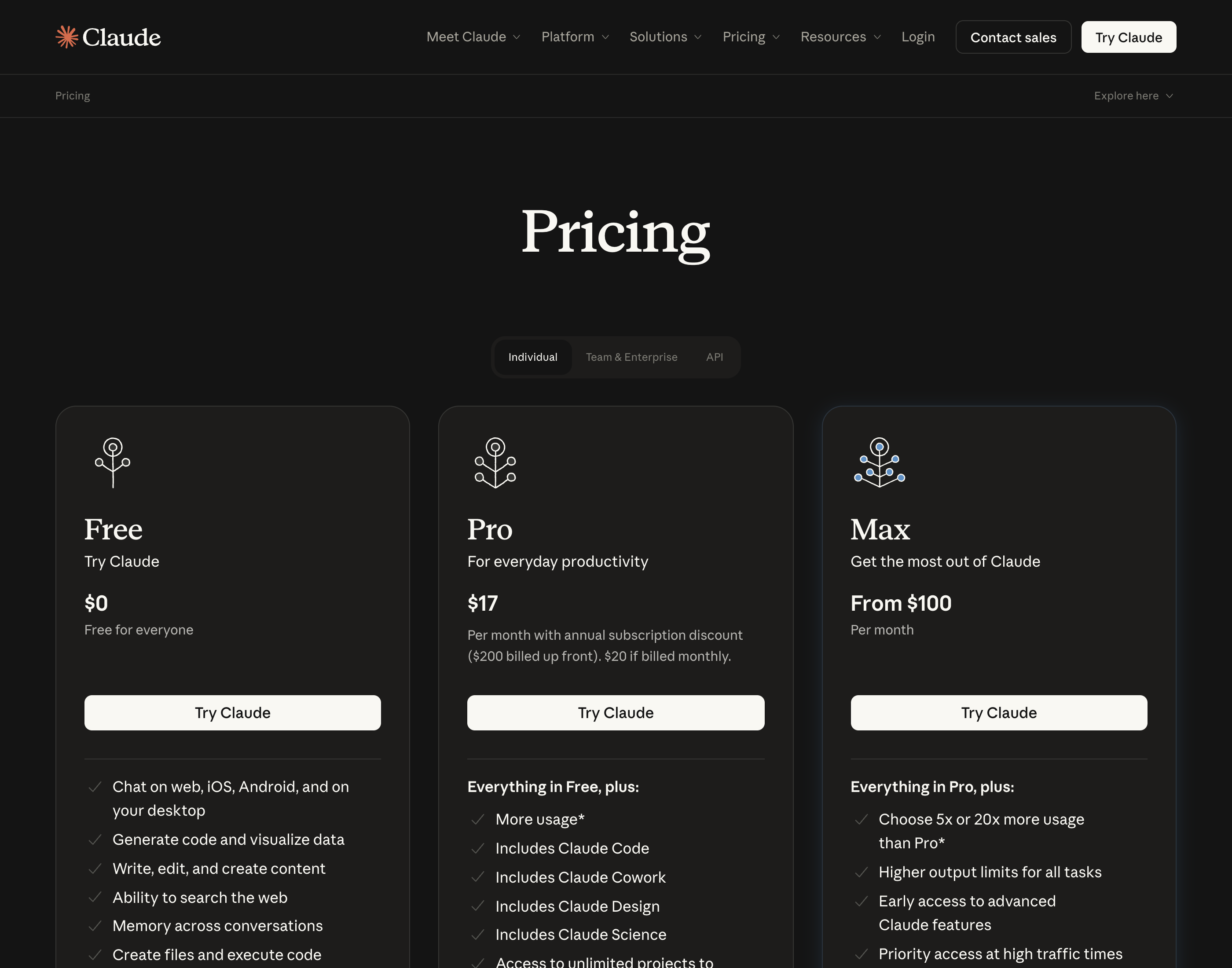 Anthropic's live pricing page: Free, Pro at $17-20, Max from $100