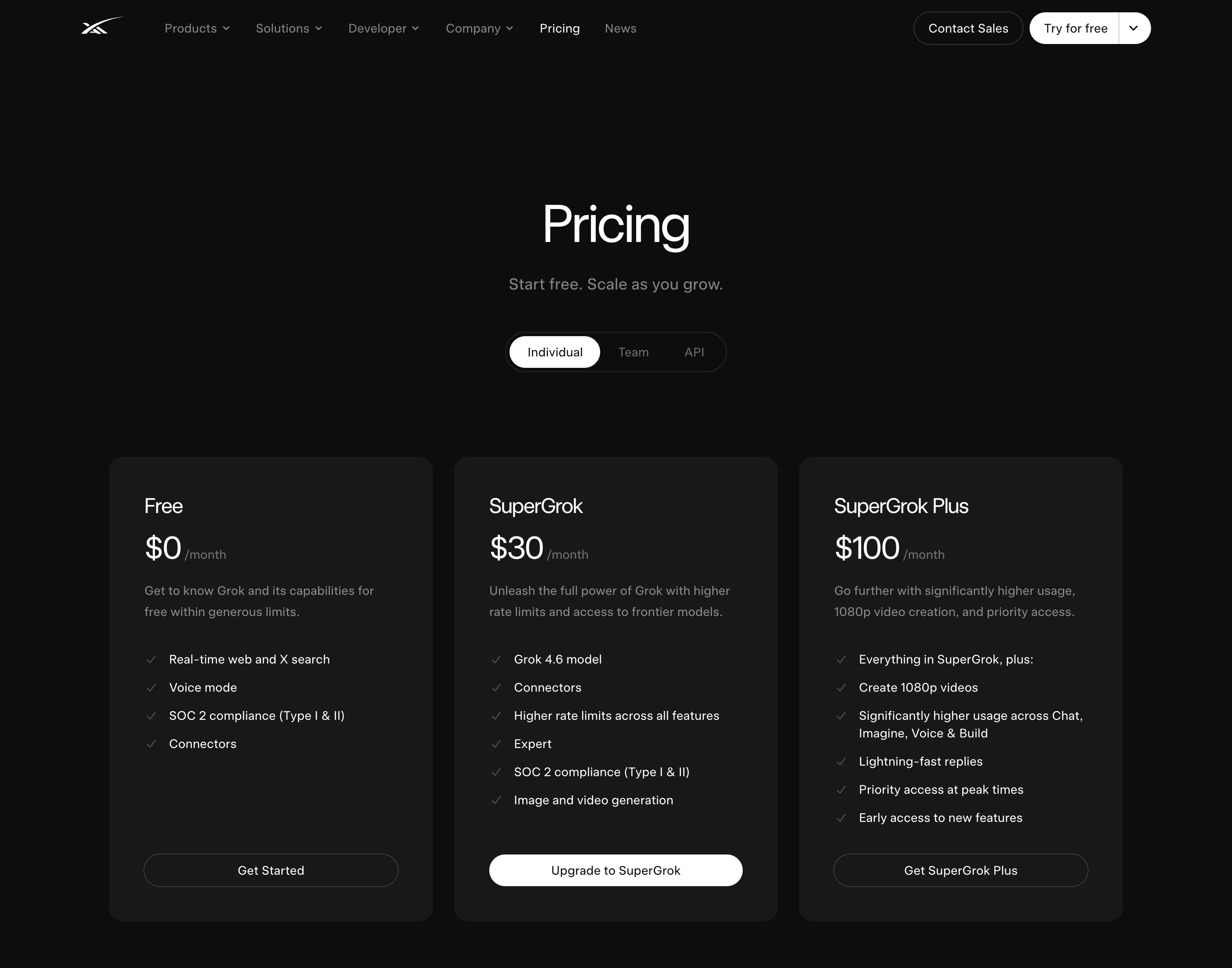 xAI's live pricing page: Free, SuperGrok at $30, SuperGrok Plus at $100