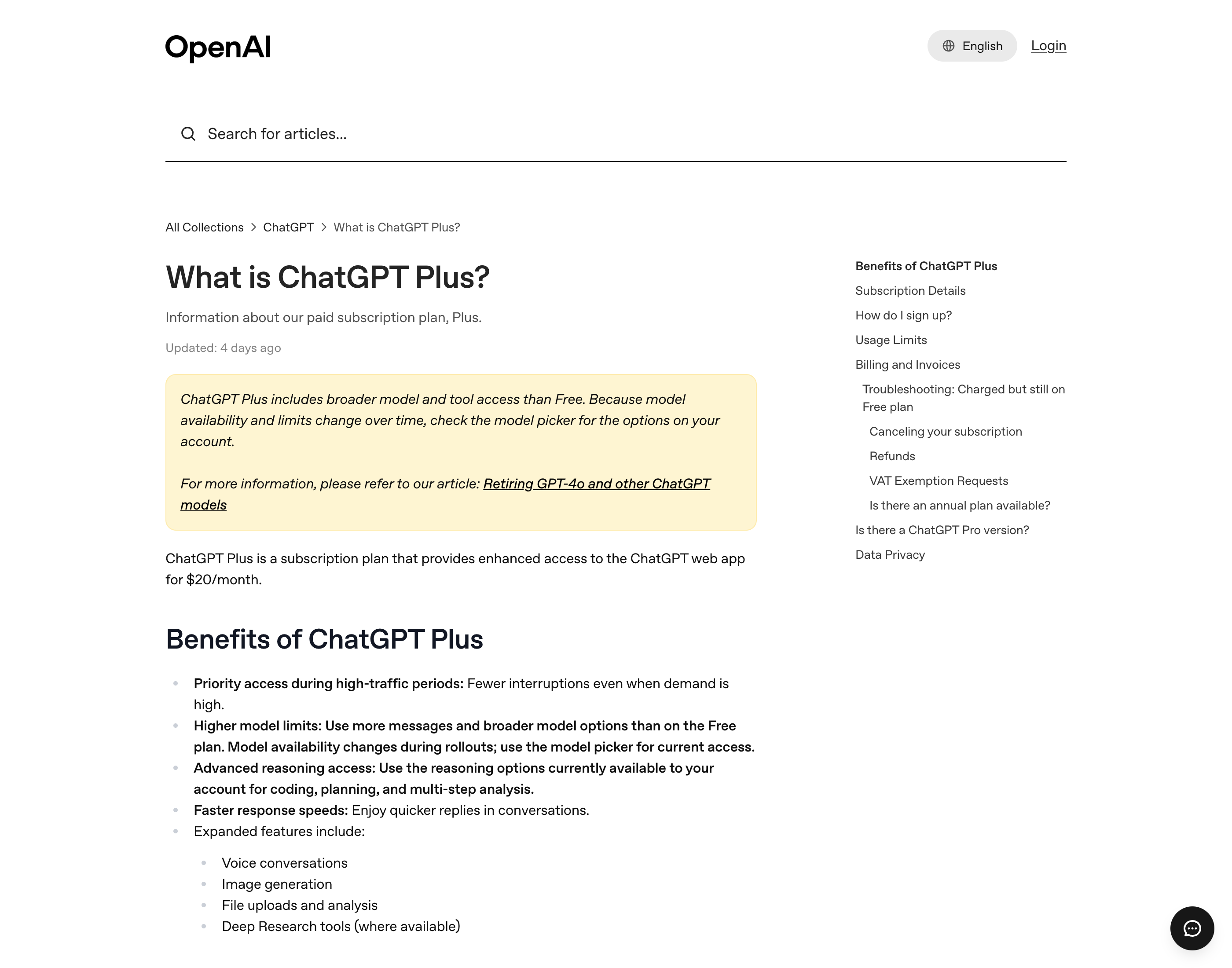 OpenAI's official ChatGPT Plus help article, the primary source for what the $20 plan includes