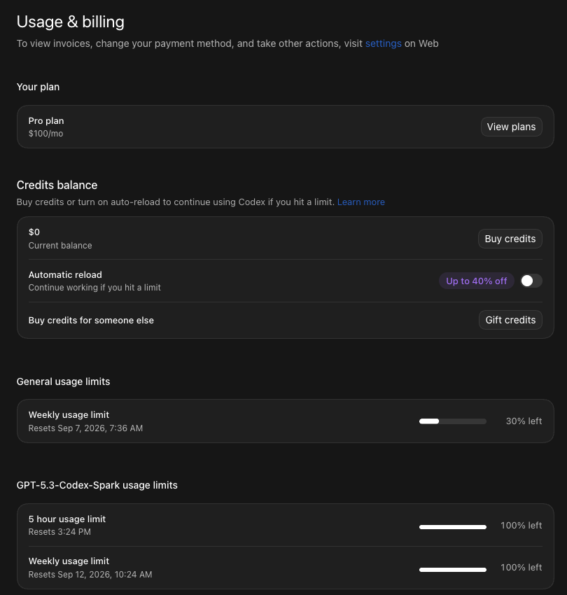 ChatGPT desktop app Usage and billing screen on my account: Pro plan at $100 a month, weekly usage limit at 30% left, resets September 7, 2026