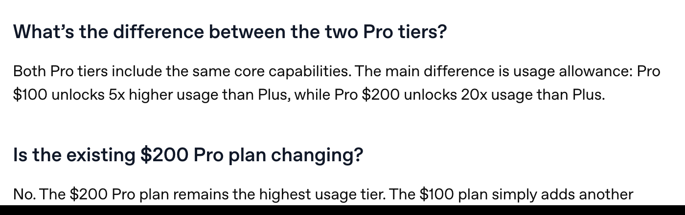 Two question and answer blocks from OpenAI's ChatGPT Pro tiers help article: one stating that both Pro tiers include the same core capabilities and that Pro $100 unlocks 5x higher usage than Plus while Pro $200 unlocks 20x, and one stating that the $200 plan remains the highest usage tier