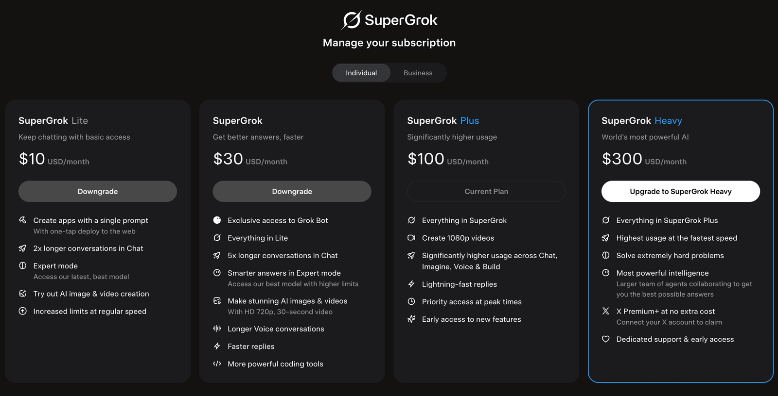 xAI's signed-in subscription screen showing four individual plans: SuperGrok Lite at $10 USD per month, SuperGrok at $30, SuperGrok Plus at $100 marked Current Plan, and SuperGrok Heavy at $300